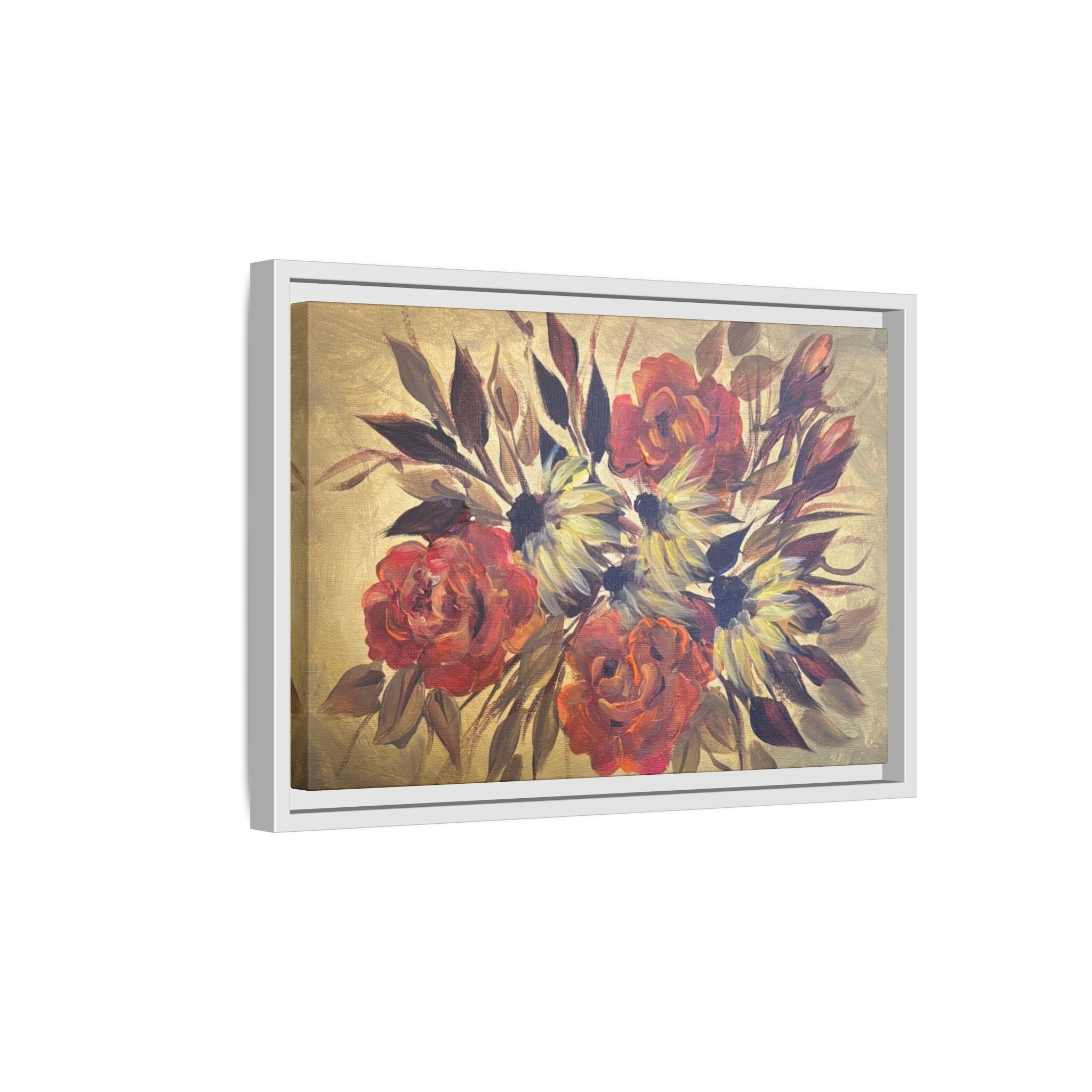 Framed Floral Canvas Wall Art — Vintage Rose Bouquet Matte Print