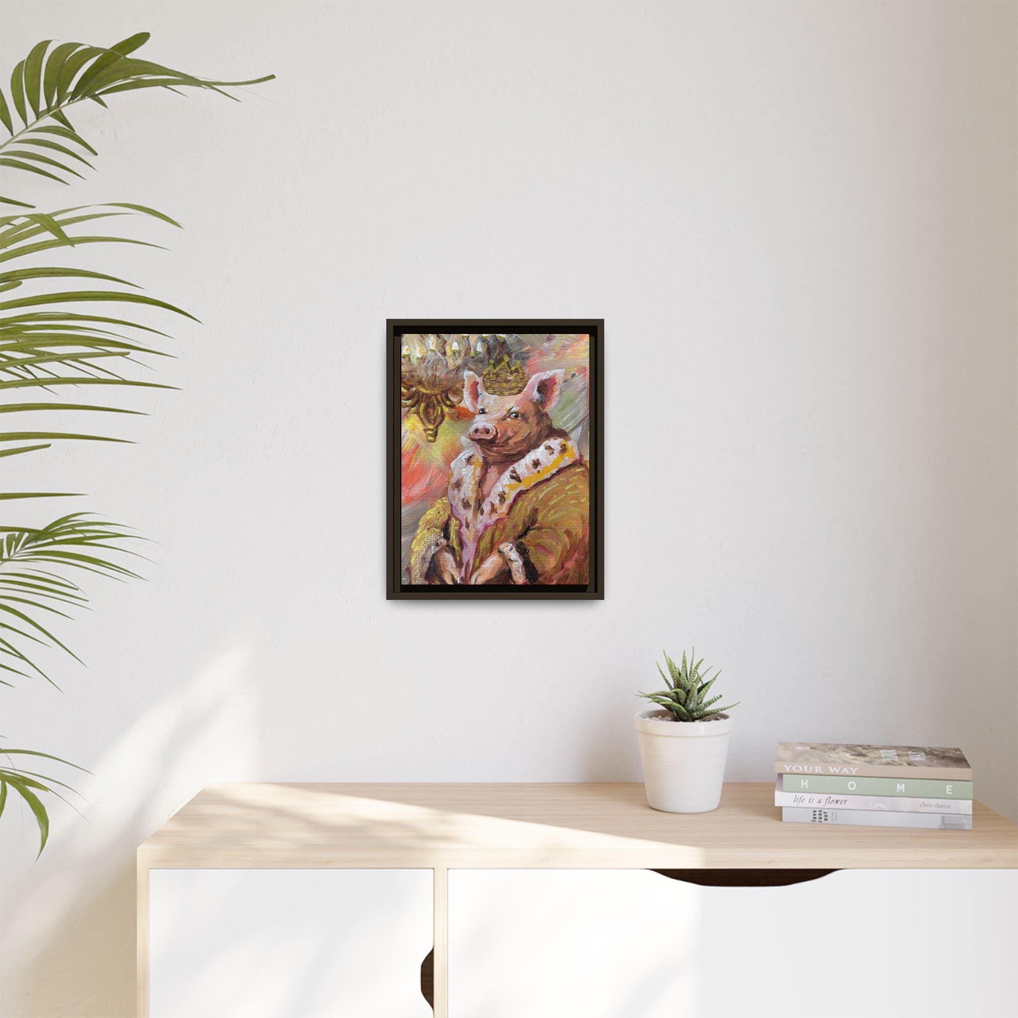 Regal Pig King Framed Canvas Art — Whimsical Farmhouse Wall Decor