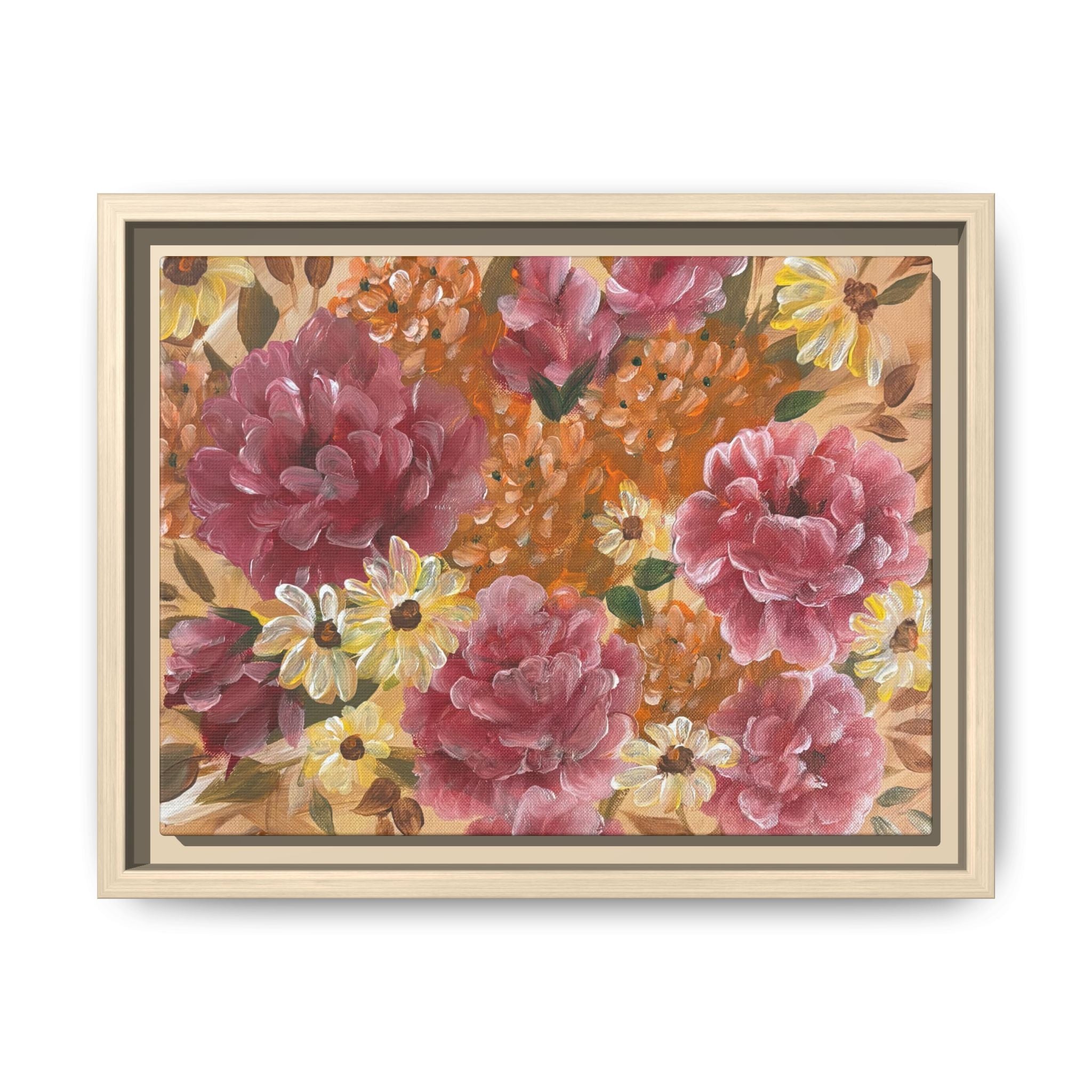 Warm Framed Floral Canvas Print — Vintage Pink Peonies Wall Art