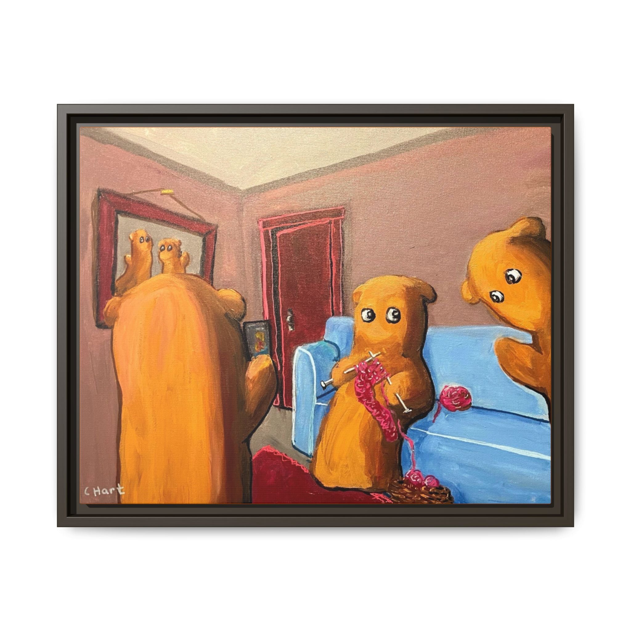 Whimsical Bear Family Framed Canvas Art — Matte Multi-Color Wall Decor
