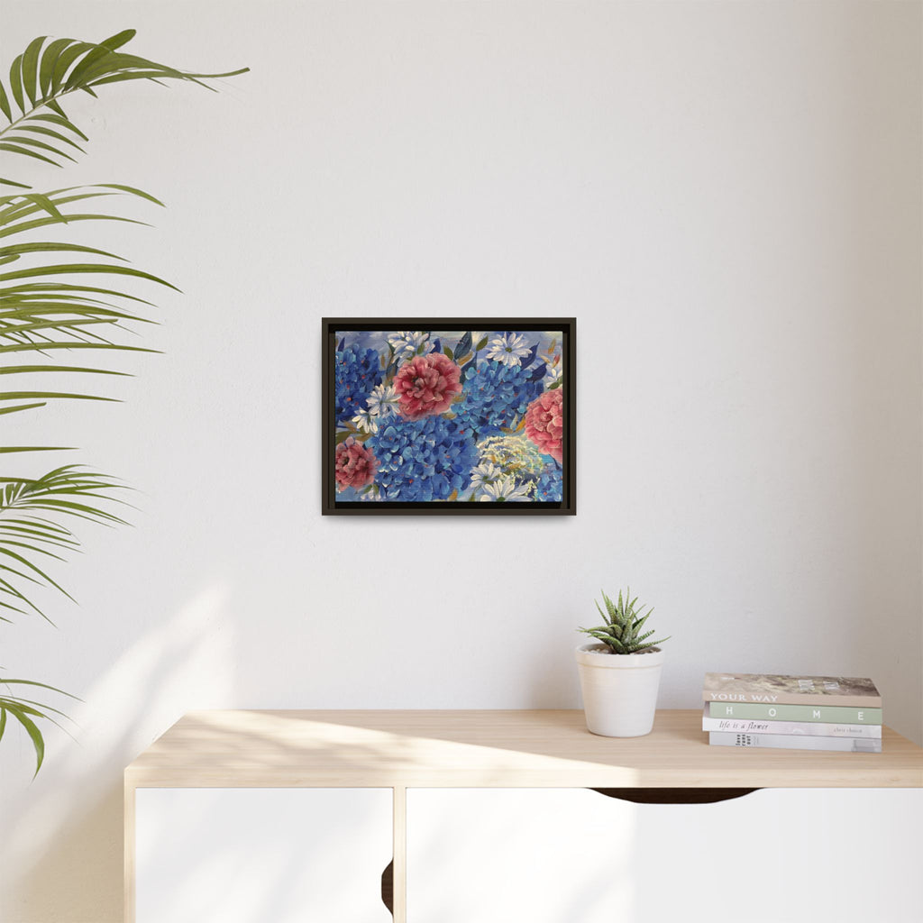 Cool Blue Framed Floral Canvas Print — Blue Hydrangea & Pink Peony Wall Art