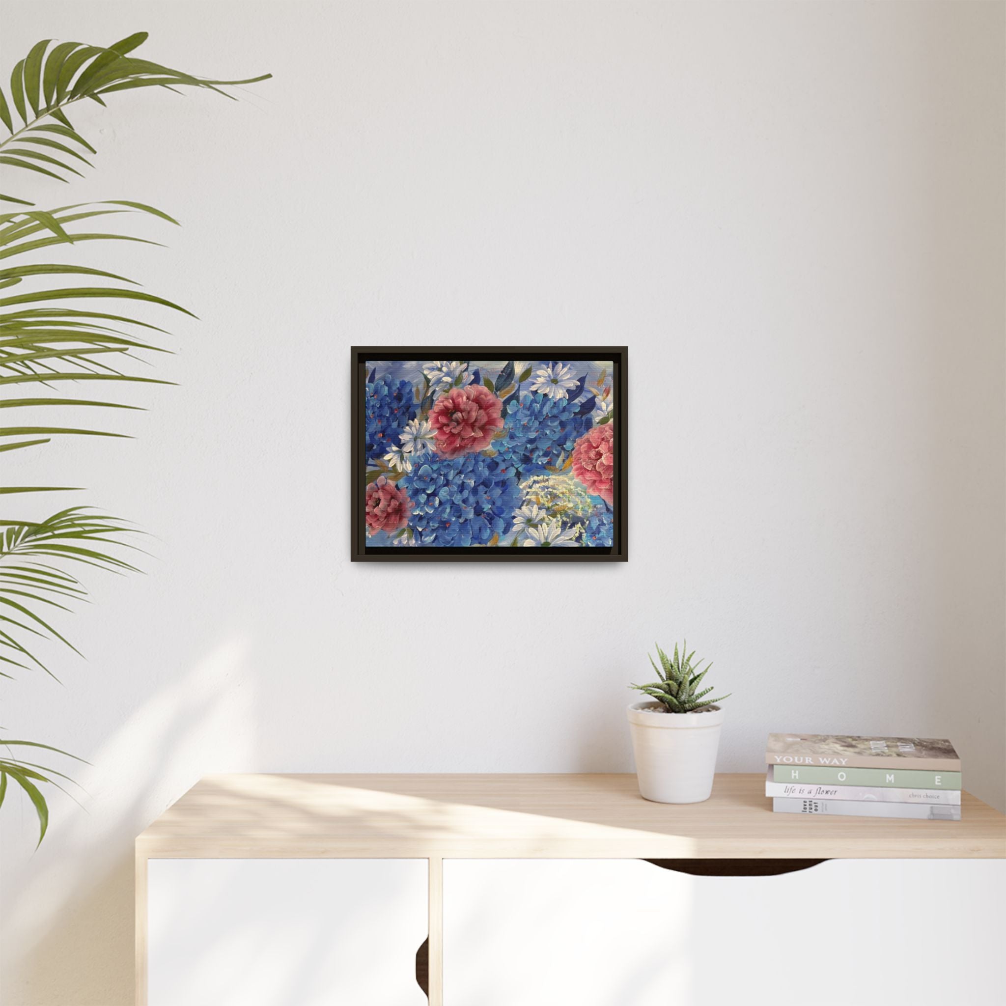 Cool Blue Framed Floral Canvas Print — Blue Hydrangea & Pink Peony Wall Art
