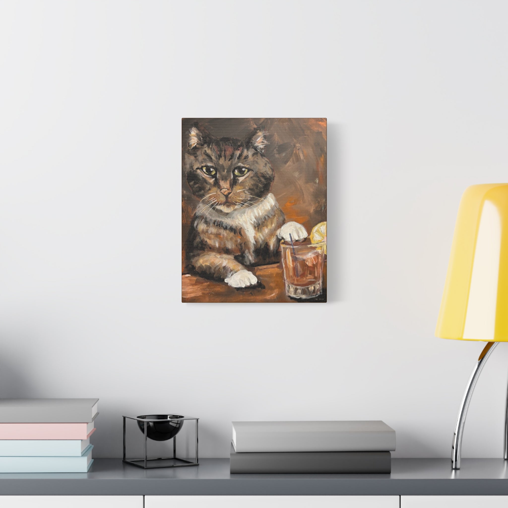Whiskey Cat Canvas Print — Vintage Tabby Painting on Stretched Matte Canvas