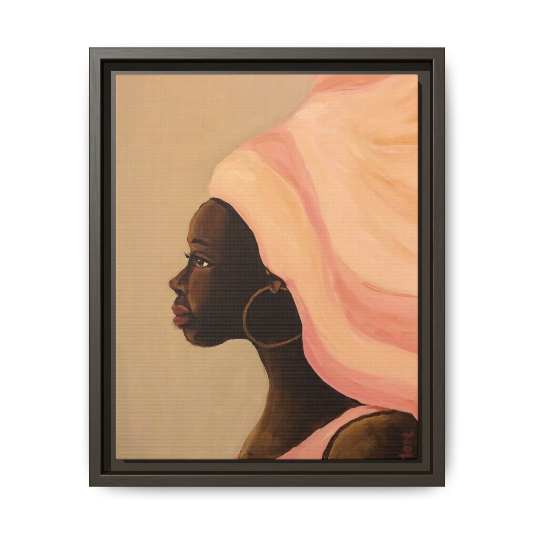 Framed Matte Canvas Art – Elegant African Woman Portrait (Pink Headwrap)