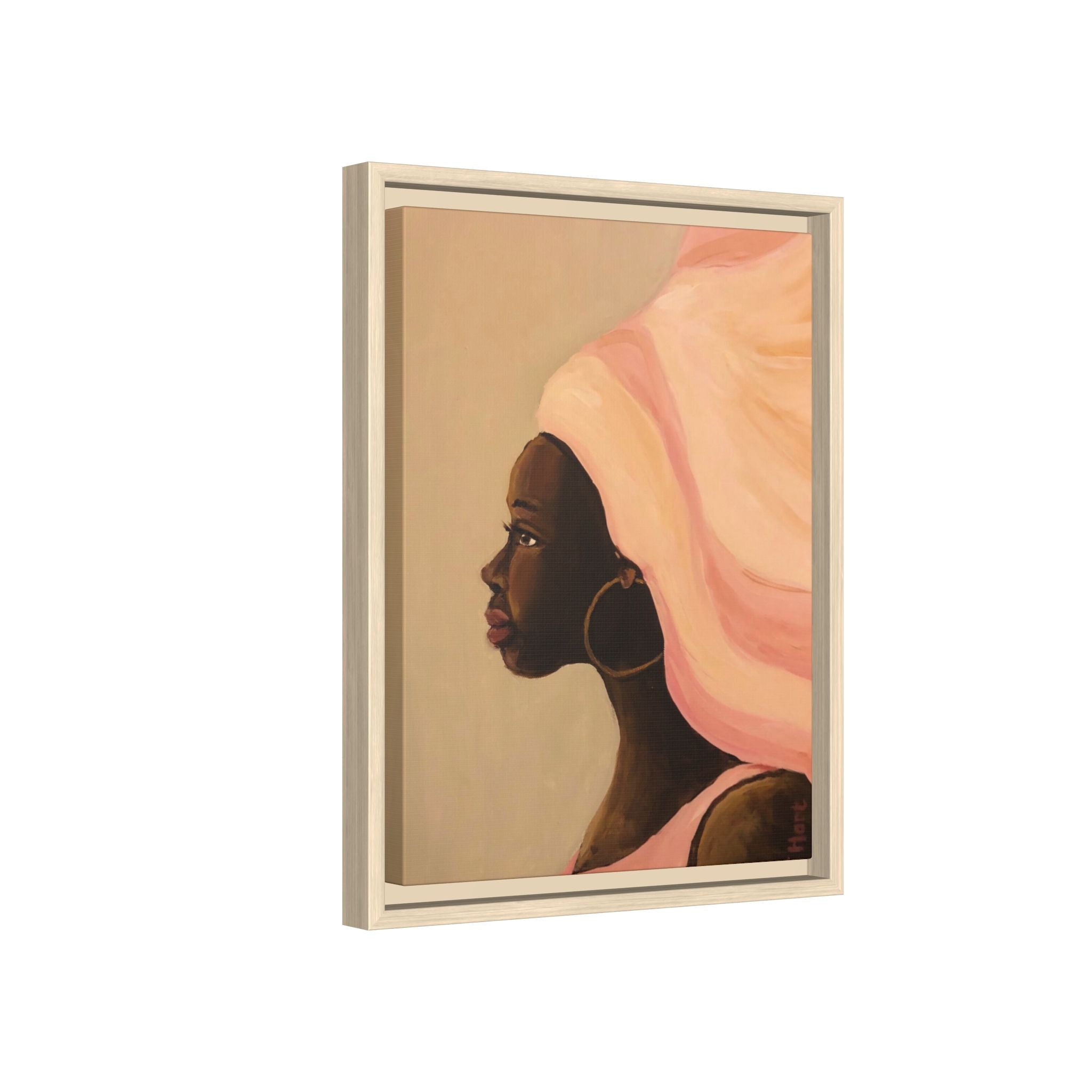 Framed Matte Canvas Art – Elegant African Woman Portrait (Pink Headwrap)