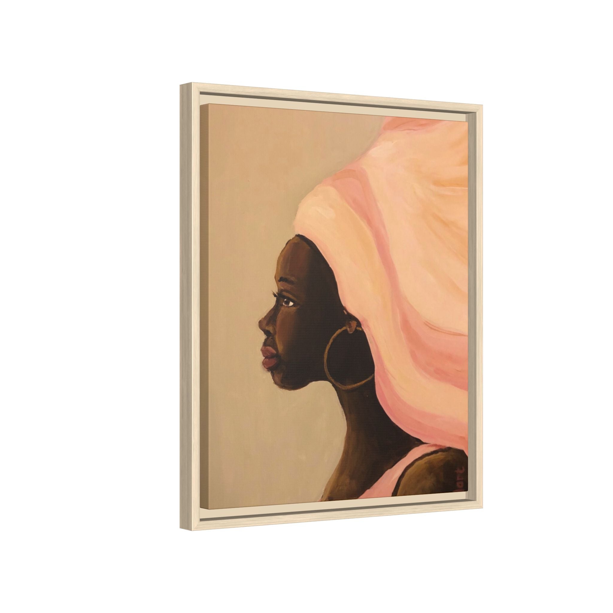 Framed Matte Canvas Art – Elegant African Woman Portrait (Pink Headwrap)
