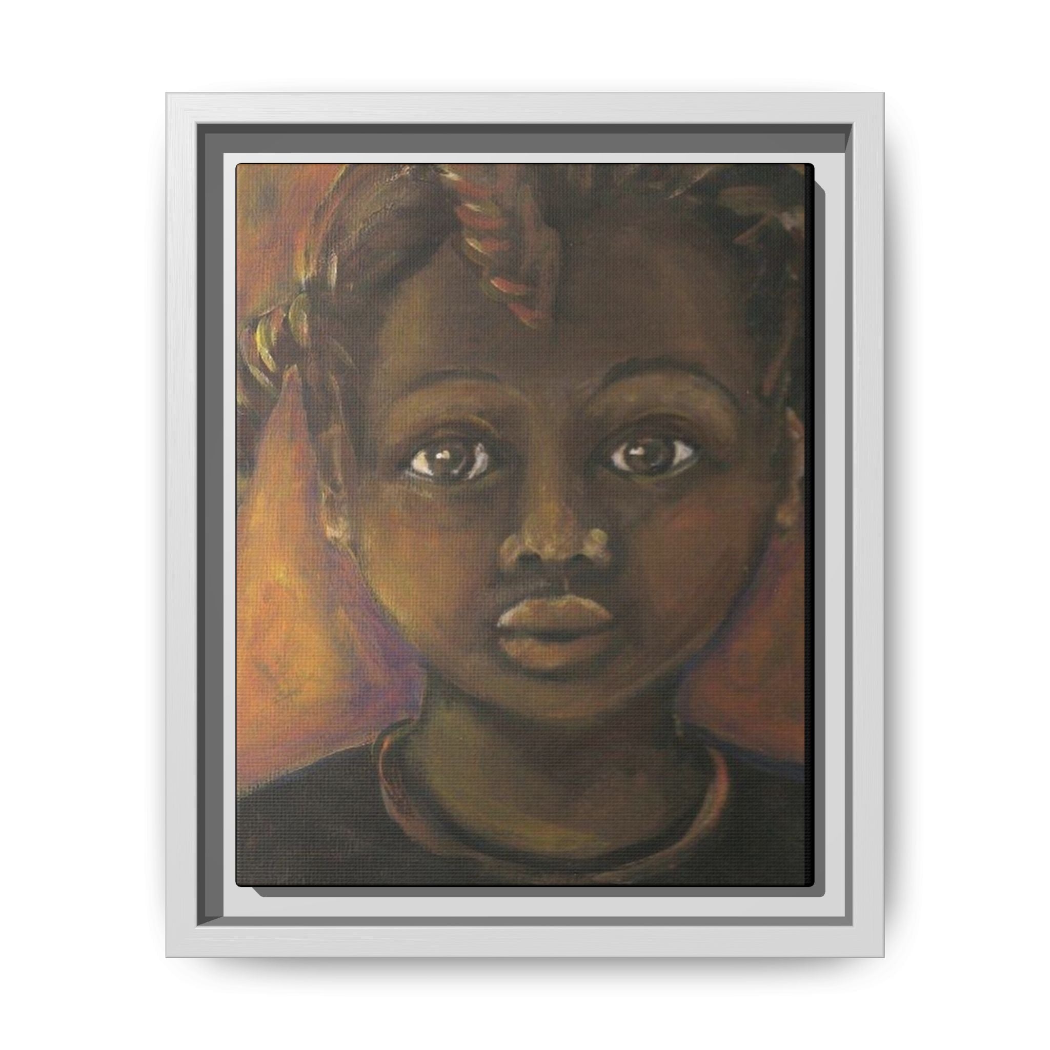 Framed Matte Canvas Portrait – African American Child Wall Art, Warm Earthtone Nursery Décor