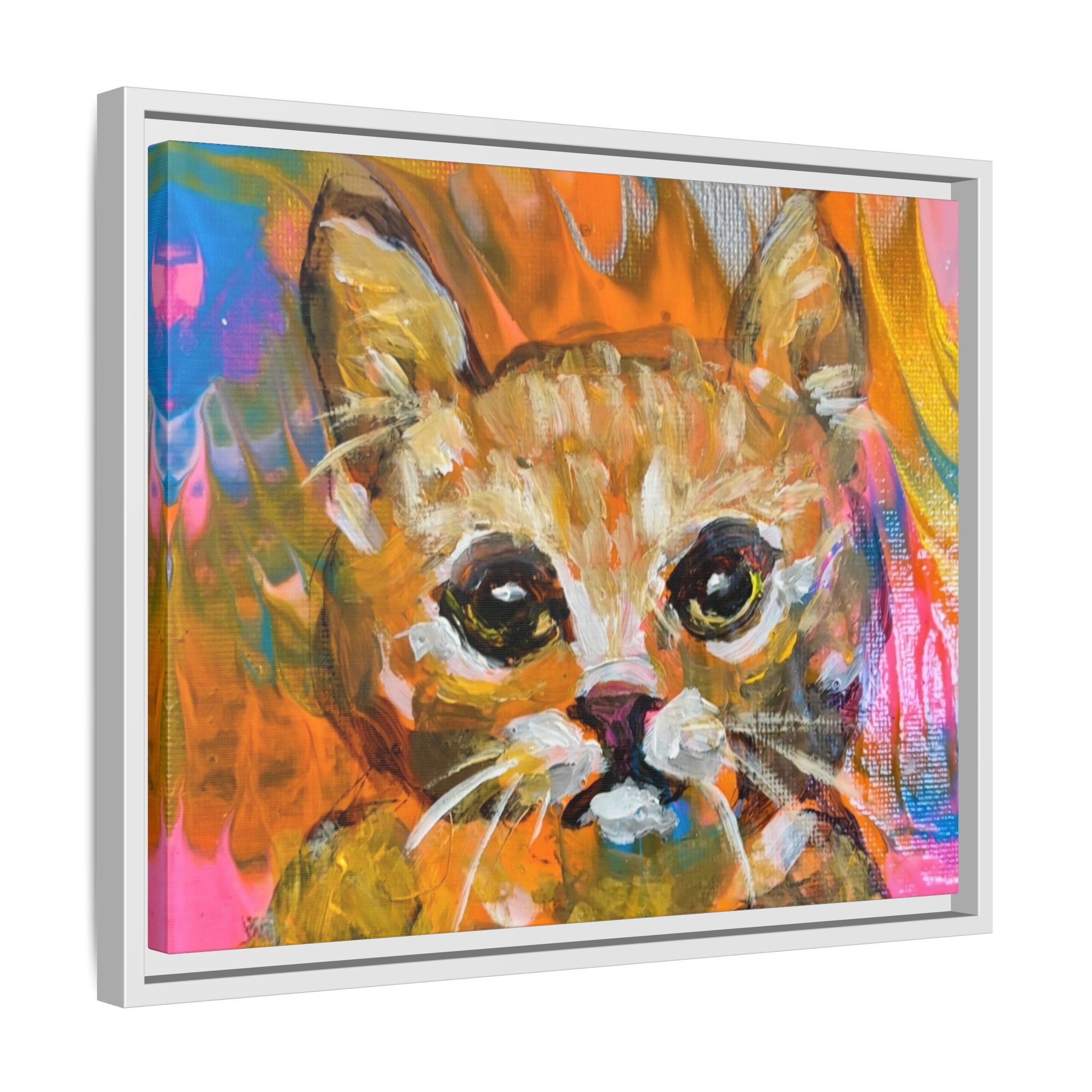 Framed Matte Canvas: Colorful Abstract Ginger Cat Wall Art