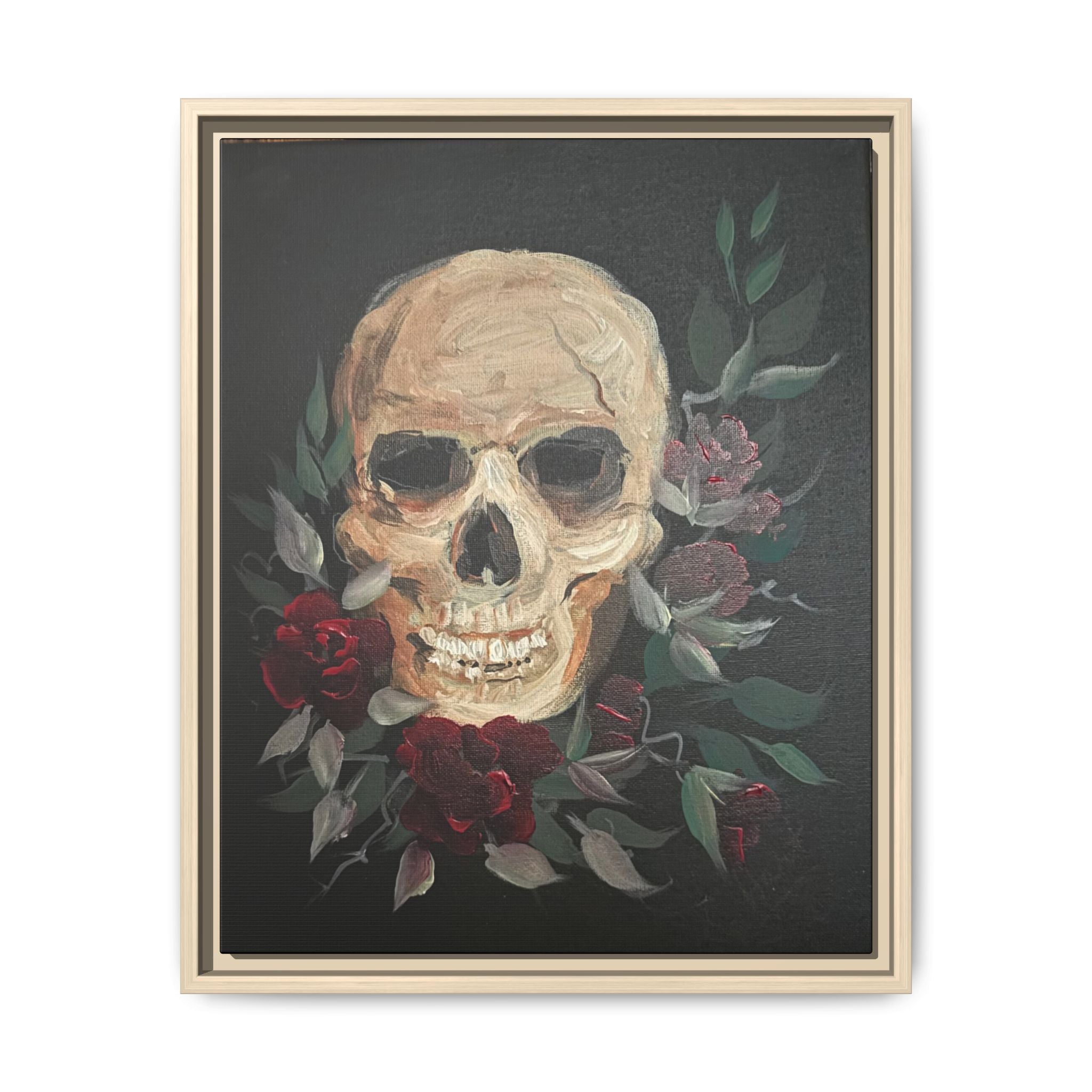 Framed Matte Canvas Skull & Roses Wall Art — Dark Gothic Home Decor