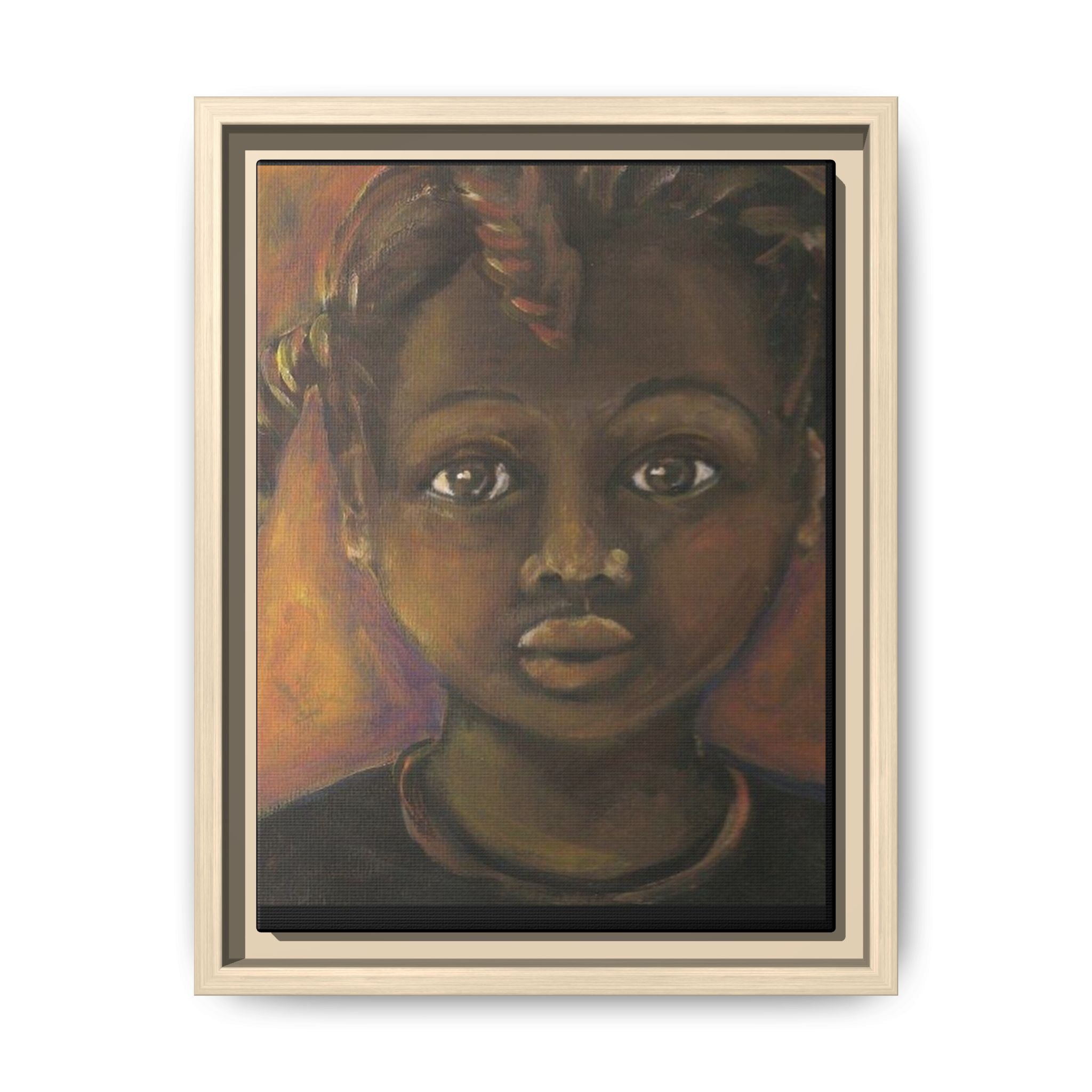 Framed Matte Canvas Portrait – African American Child Wall Art, Warm Earthtone Nursery Décor