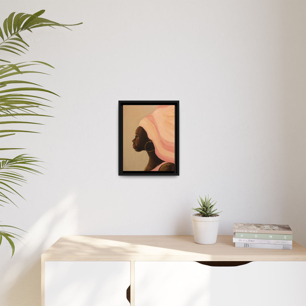 Framed Matte Canvas Art – Elegant African Woman Portrait (Pink Headwrap)