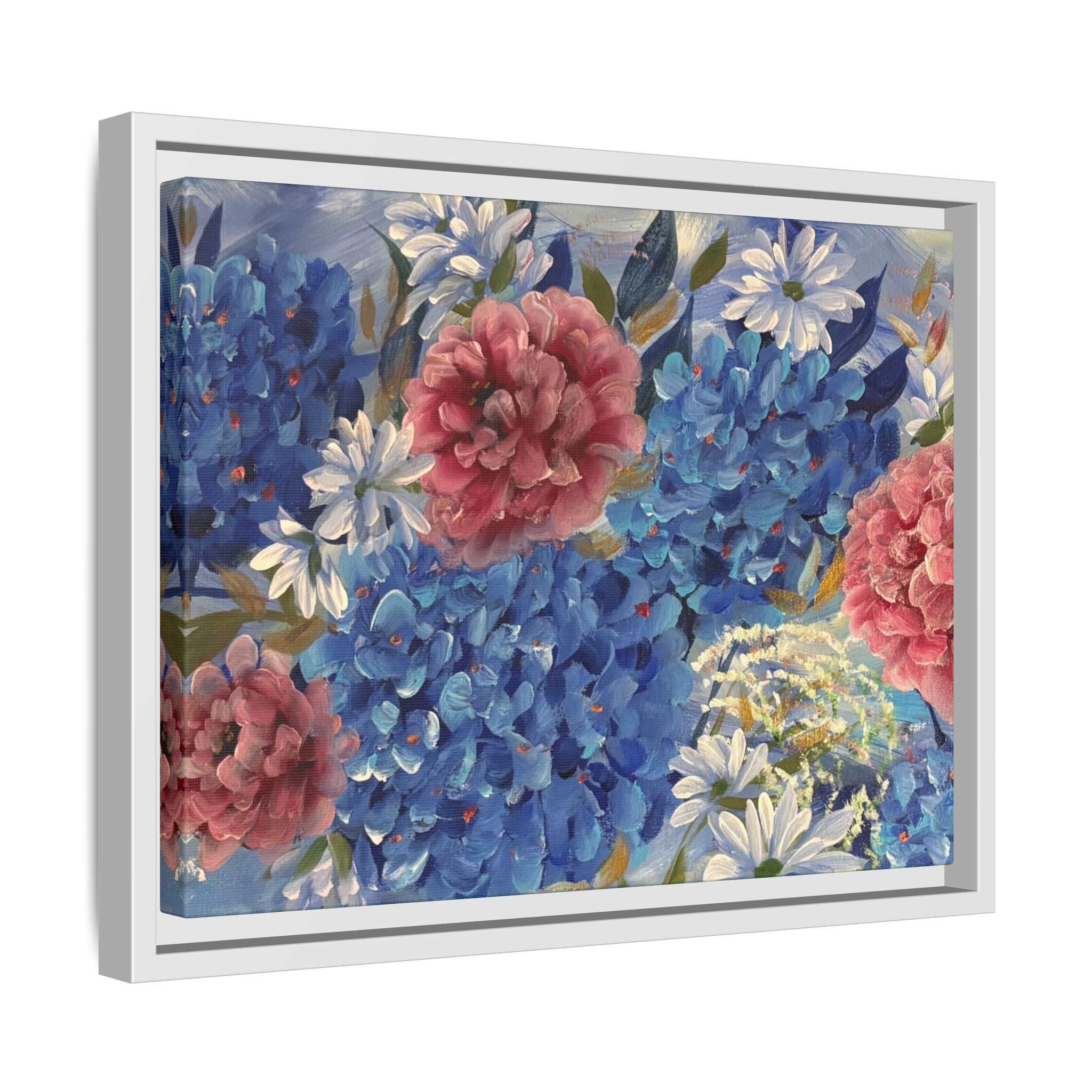 Cool Blue Framed Floral Canvas Print — Blue Hydrangea & Pink Peony Wall Art