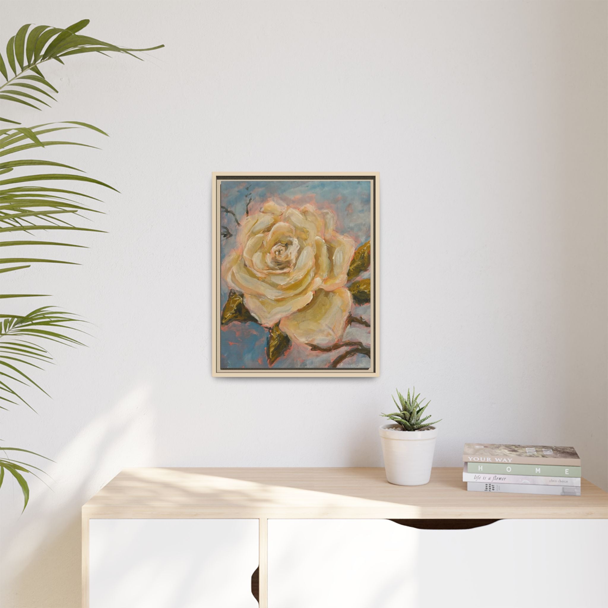 Warm White Rose Framed Matte Canvas - Vintage Rose Floral Wall Art