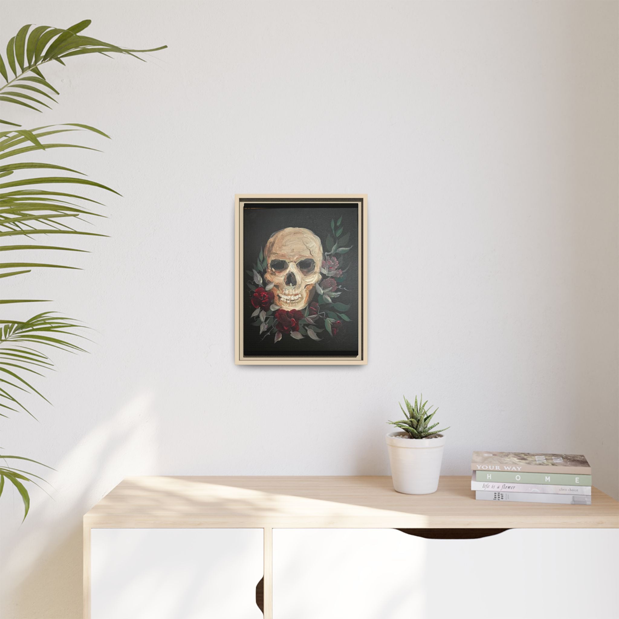Framed Matte Canvas Skull & Roses Wall Art — Dark Gothic Home Decor