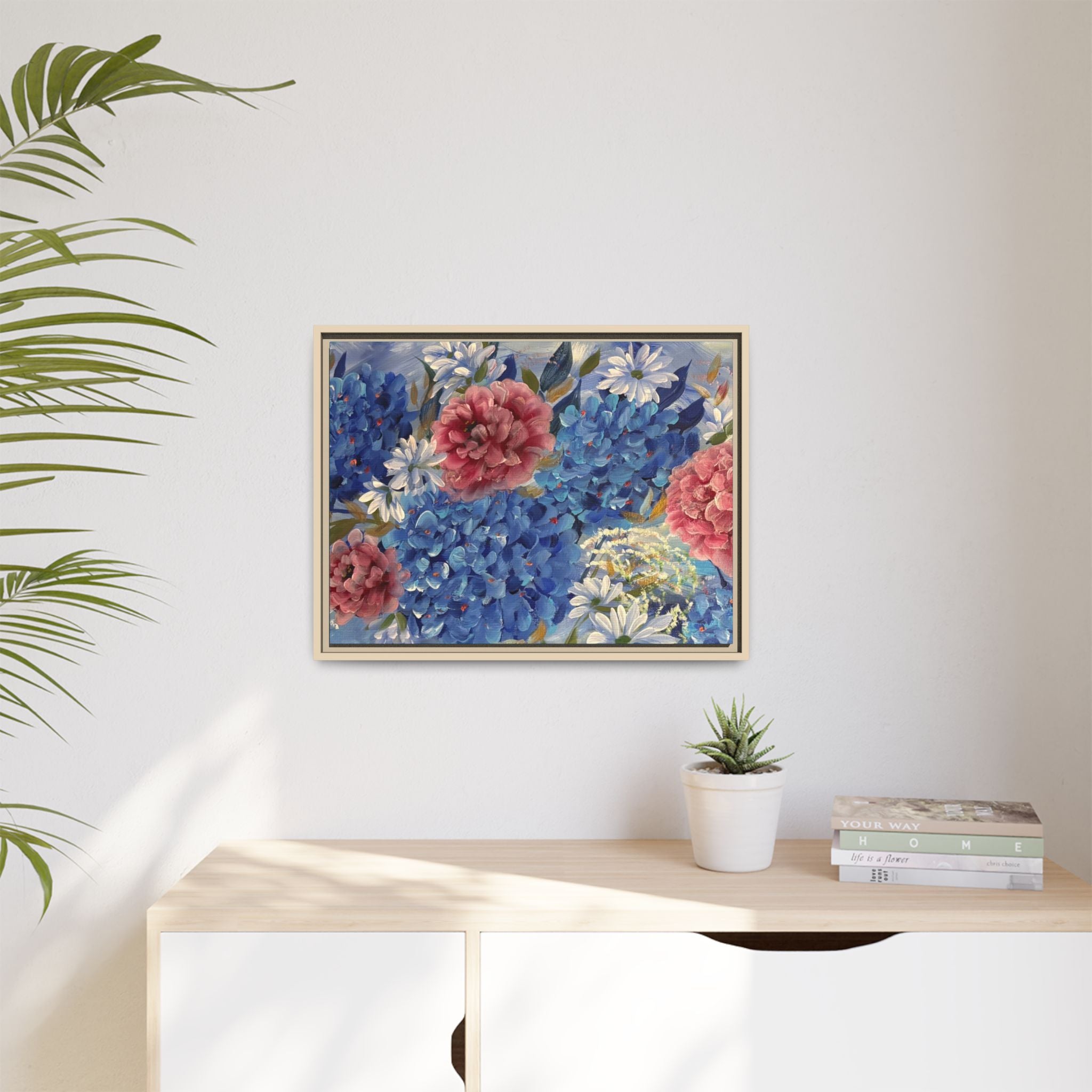 Cool Blue Framed Floral Canvas Print — Blue Hydrangea & Pink Peony Wall Art