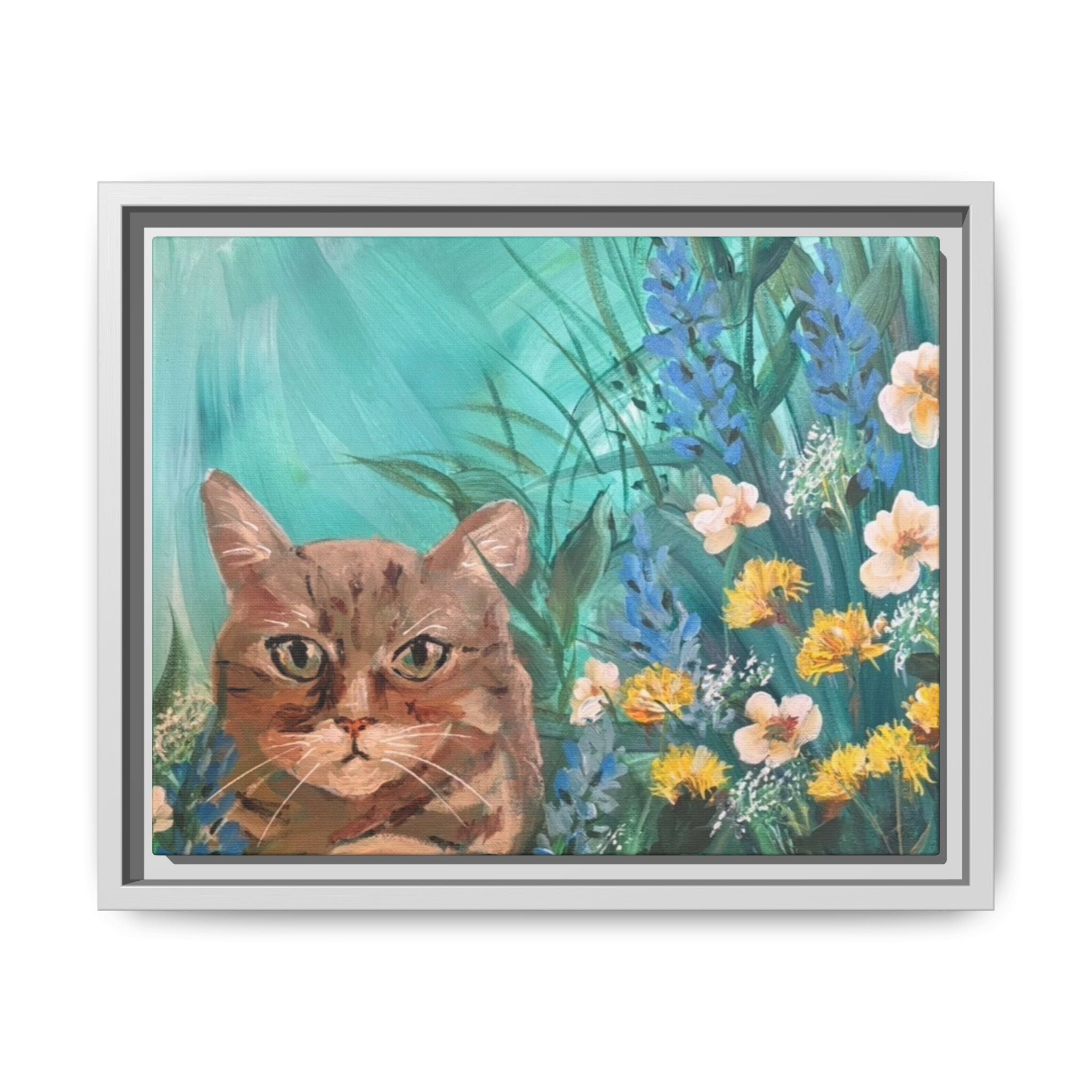 Framed Cat Portrait Canvas — Floral Wall Art