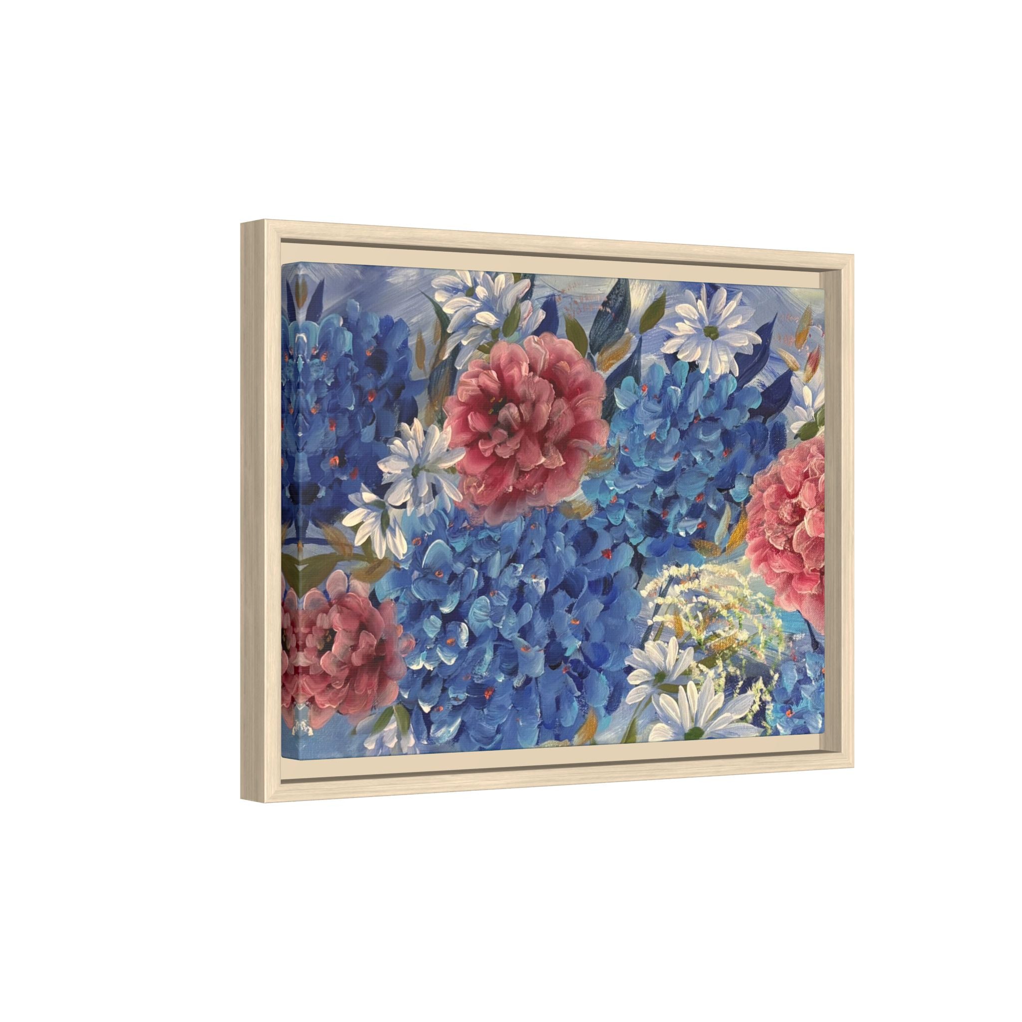 Cool Blue Framed Floral Canvas Print — Blue Hydrangea & Pink Peony Wall Art