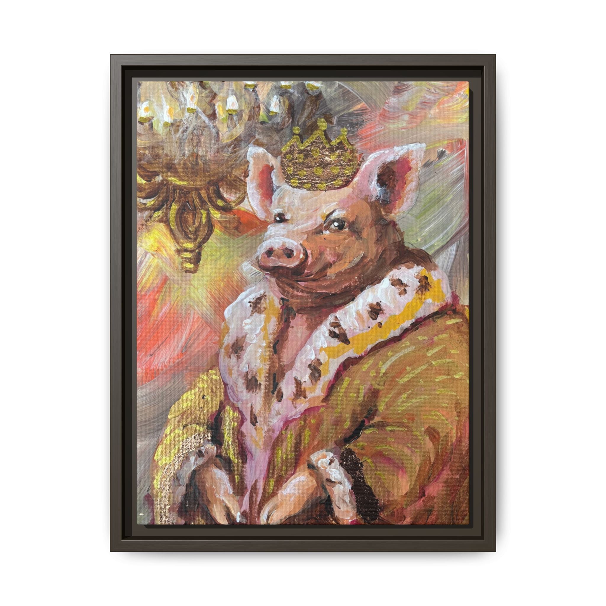 Regal Pig King Framed Canvas Art — Whimsical Farmhouse Wall Decor