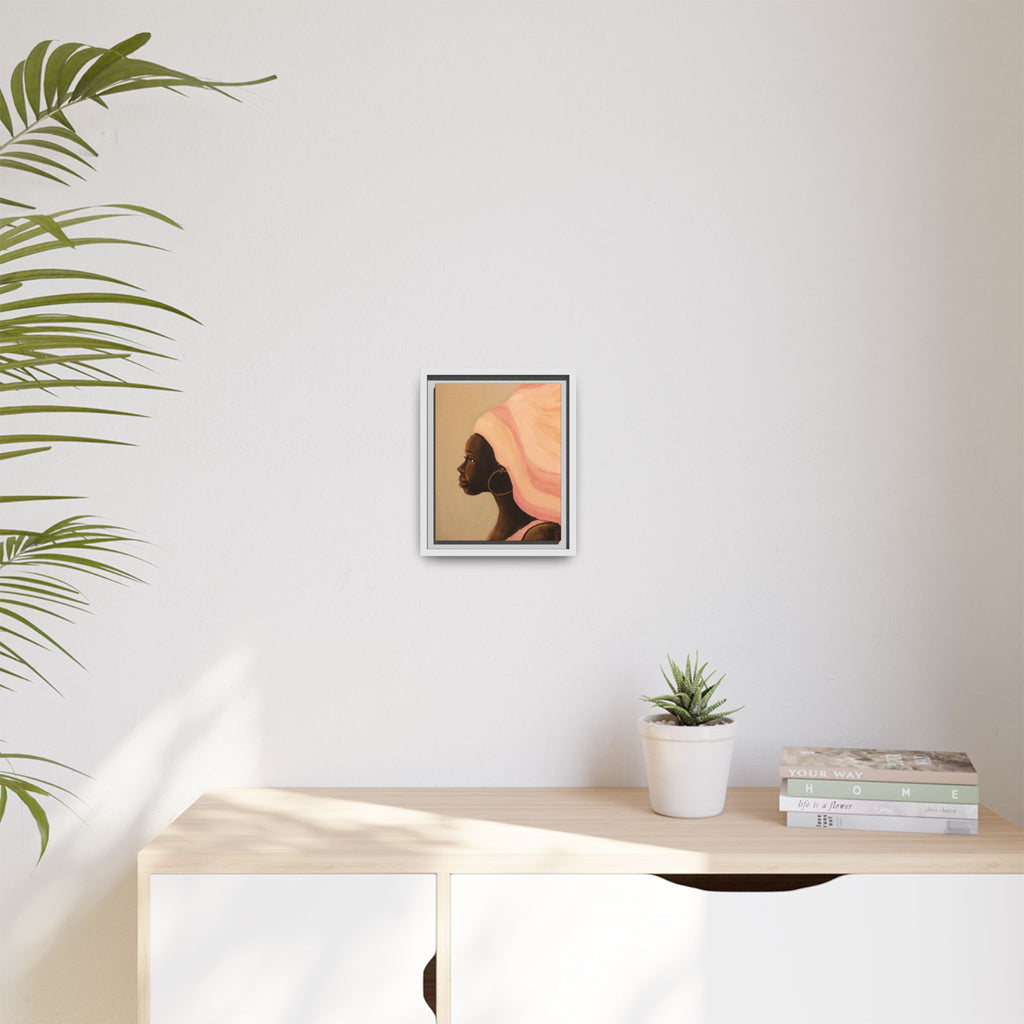 Framed Matte Canvas Art – Elegant African Woman Portrait (Pink Headwrap)