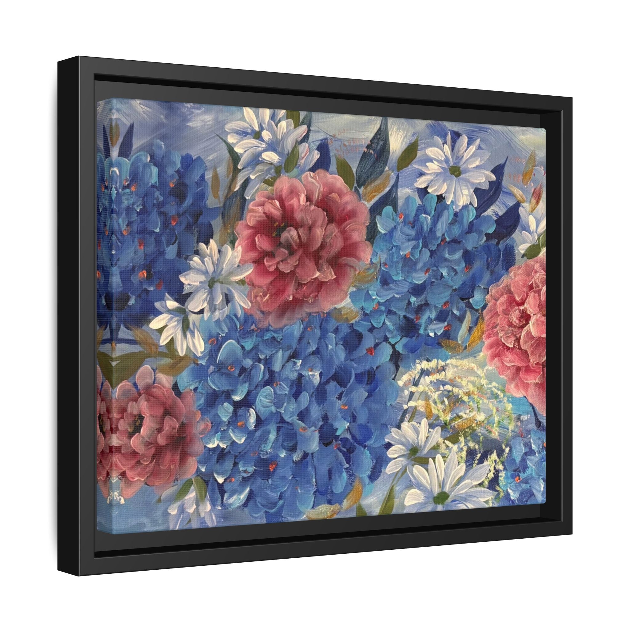 Cool Blue Framed Floral Canvas Print — Blue Hydrangea & Pink Peony Wall Art
