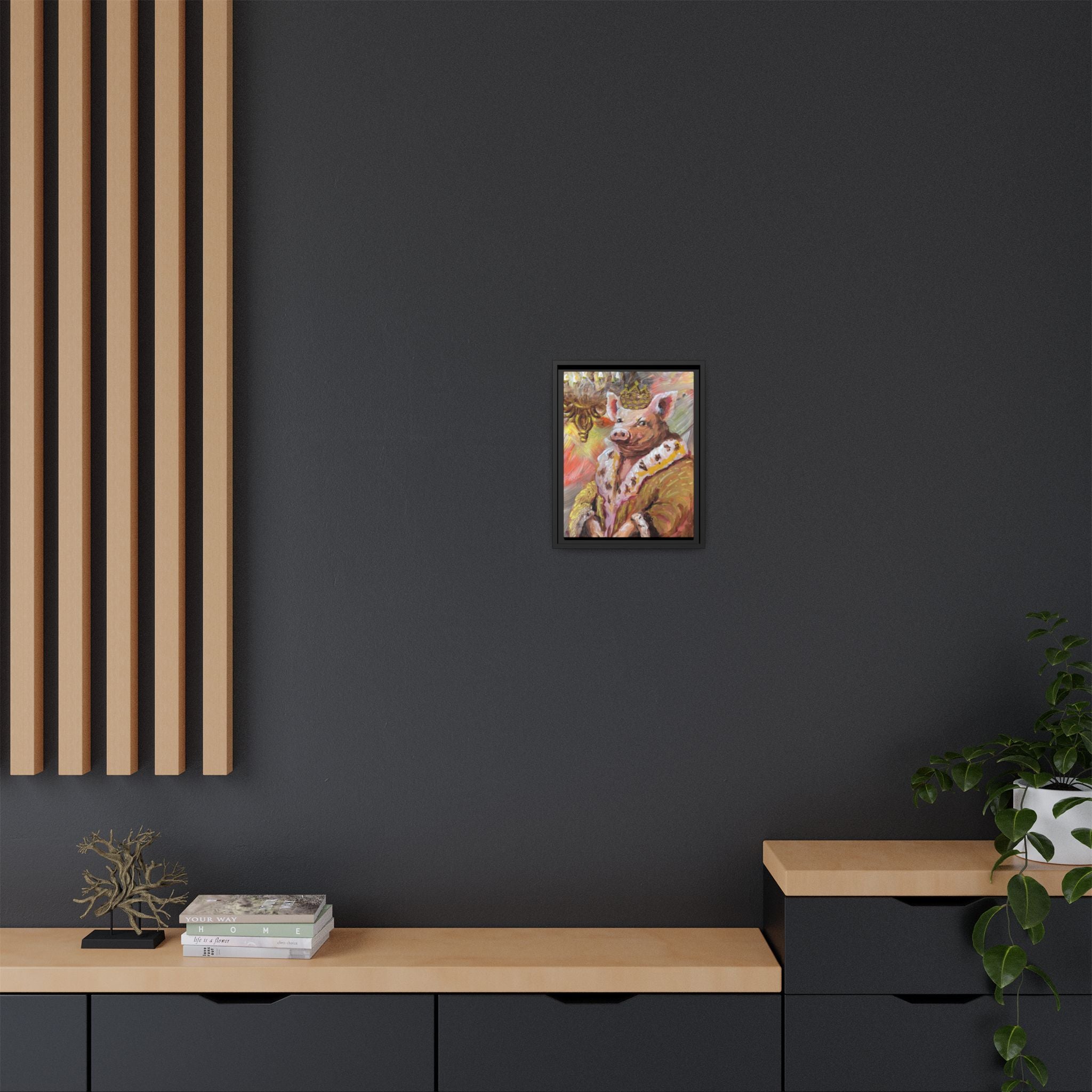 Regal Pig King Framed Canvas Art — Whimsical Farmhouse Wall Decor