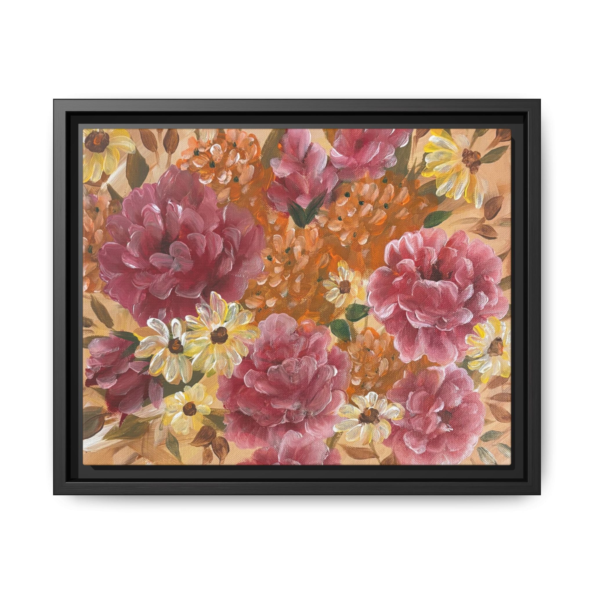Warm Framed Floral Canvas Print — Vintage Pink Peonies Wall Art