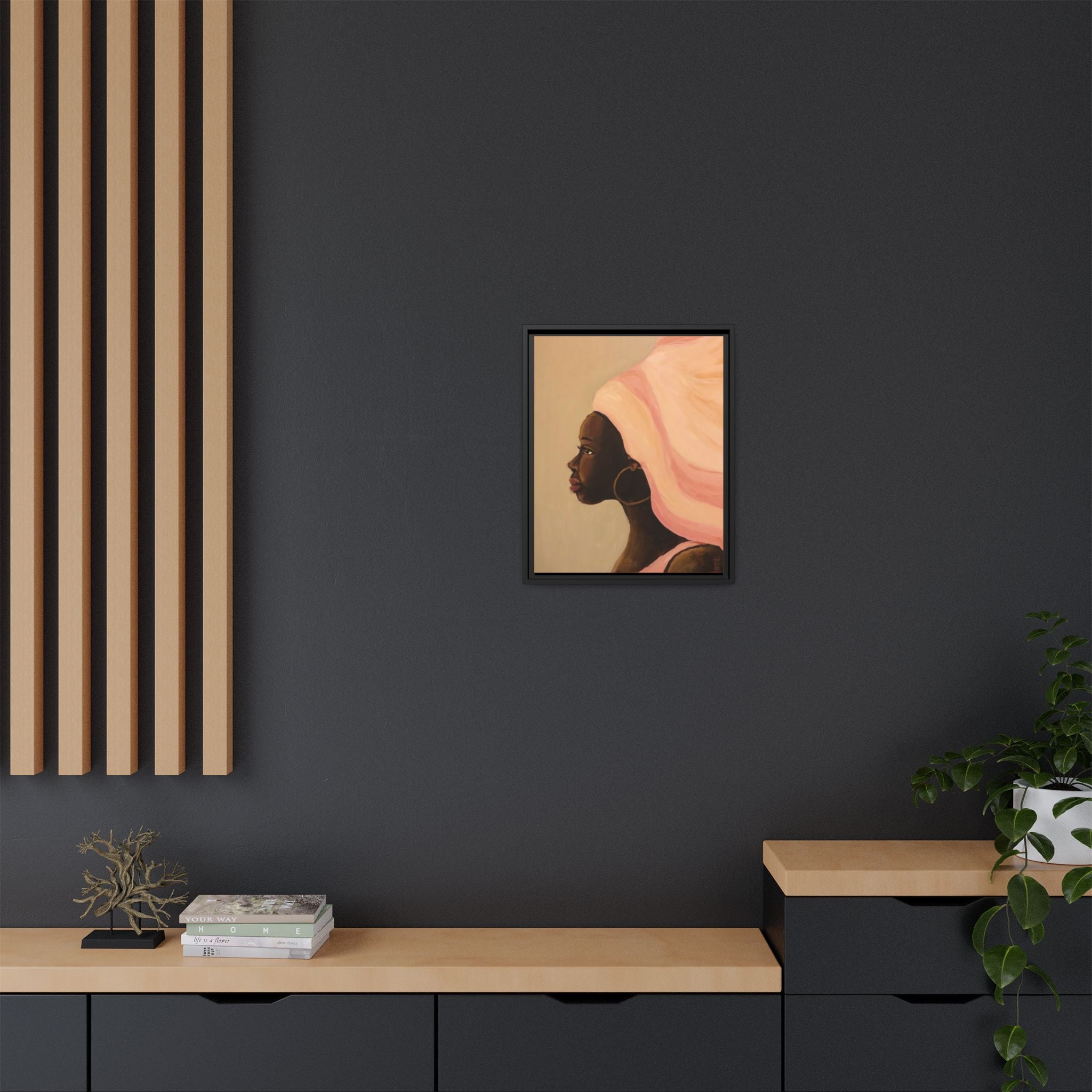 Framed Matte Canvas Art – Elegant African Woman Portrait (Pink Headwrap)