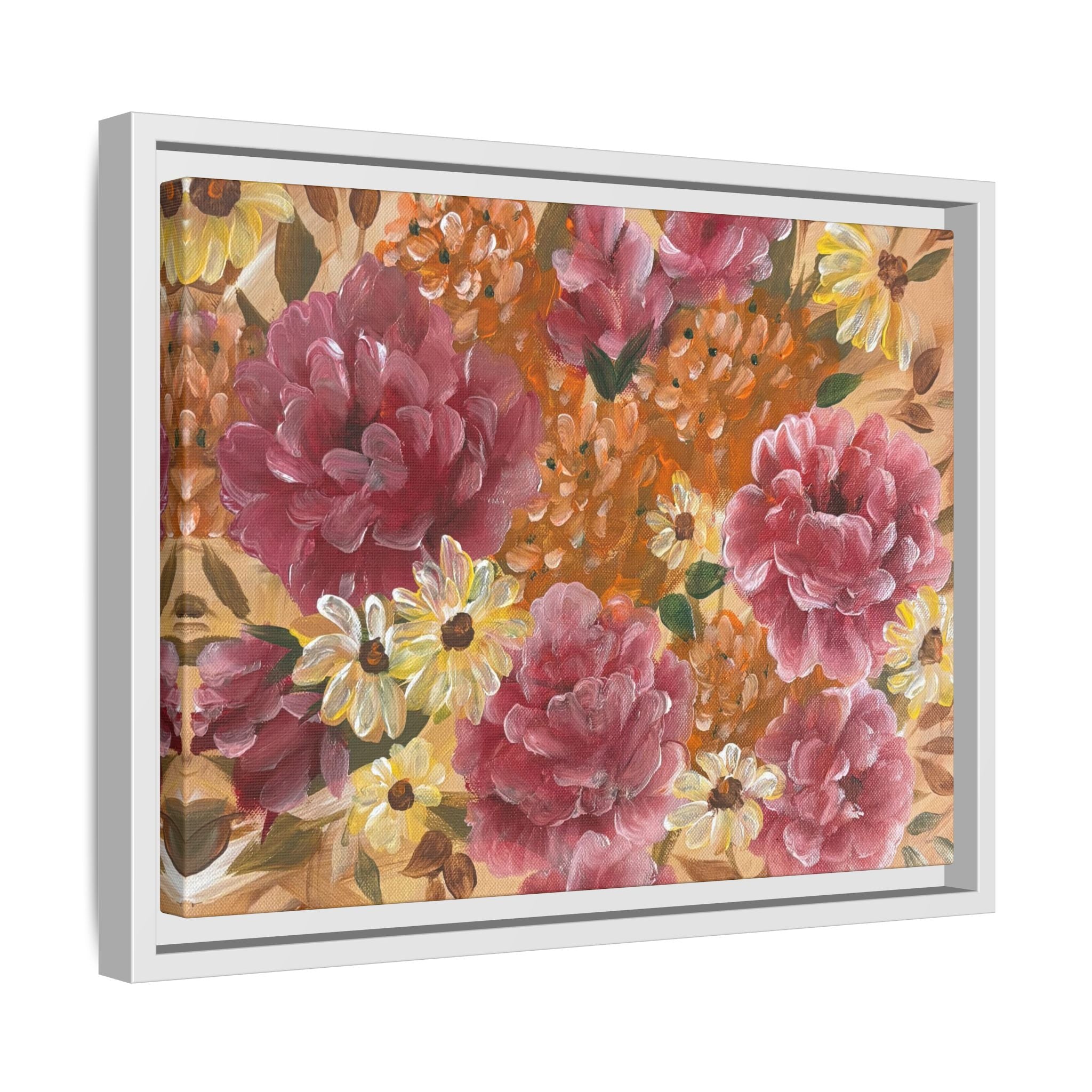 Warm Floral Framed Floral Canvas Print — Pink Peony & Daisies Wall Art