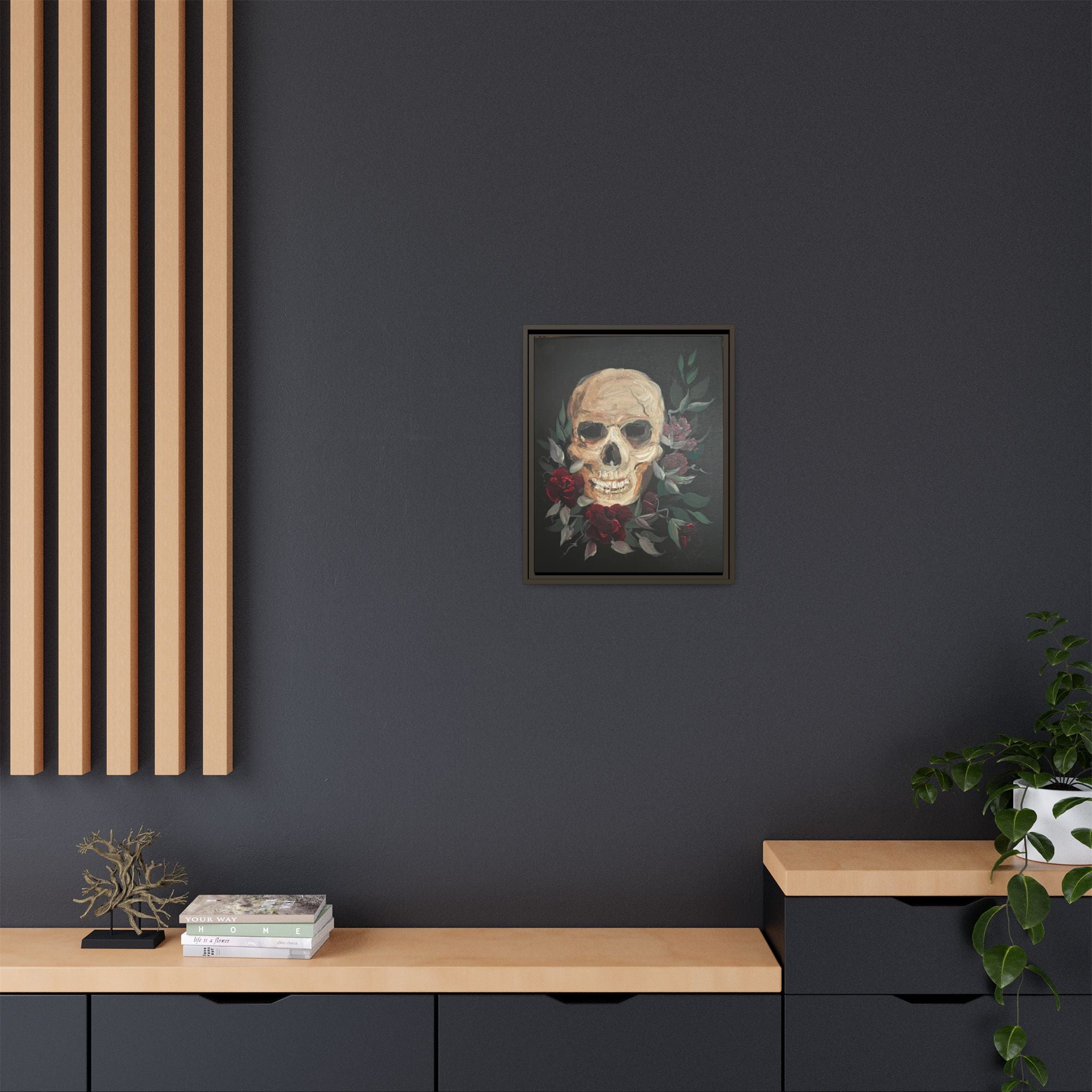 Framed Matte Canvas Skull & Roses Wall Art — Dark Gothic Home Decor
