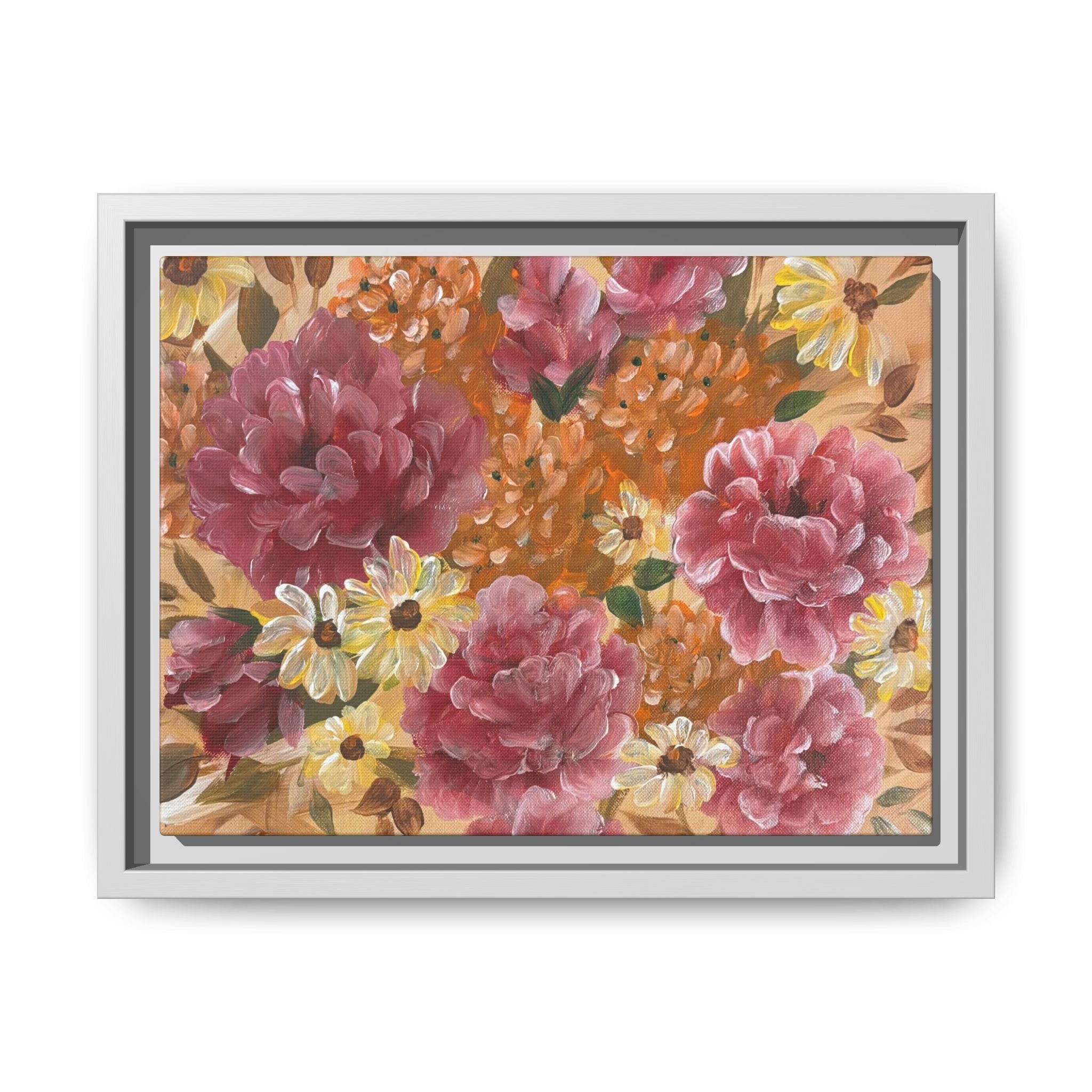 Warm Framed Floral Canvas Print — Vintage Pink Peonies Wall Art