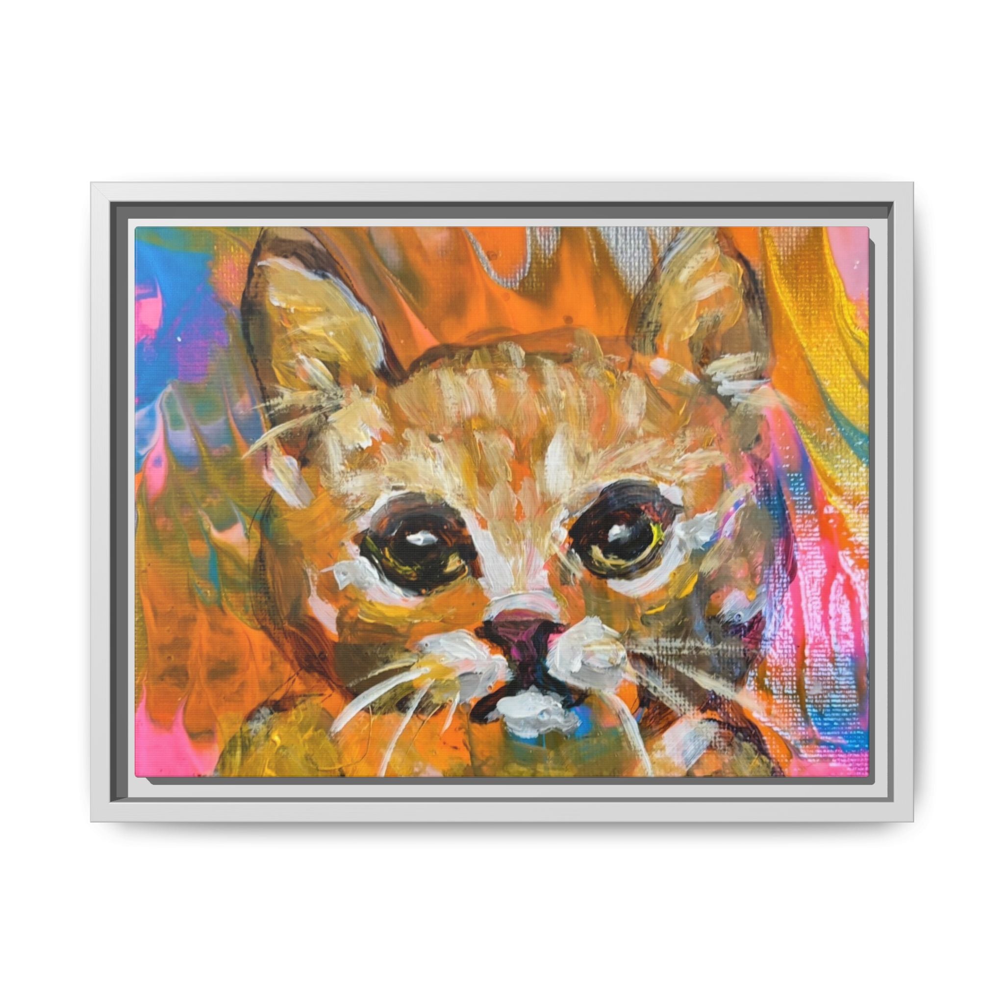Framed Matte Canvas: Colorful Abstract Ginger Cat Wall Art