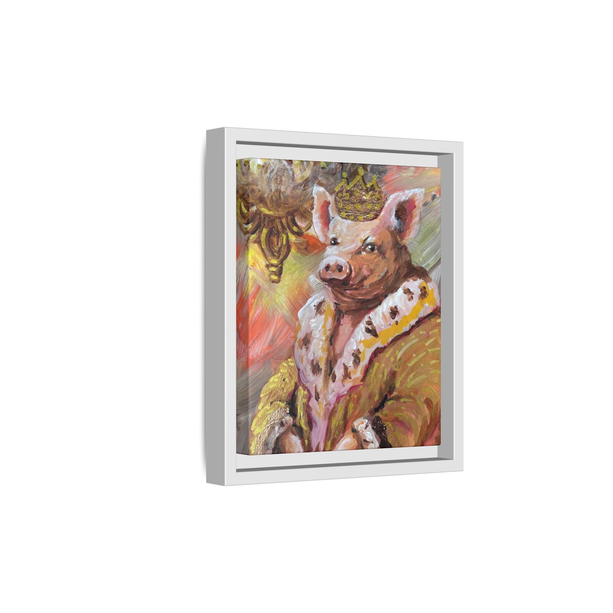 Regal Pig King Framed Canvas Art — Whimsical Farmhouse Wall Decor