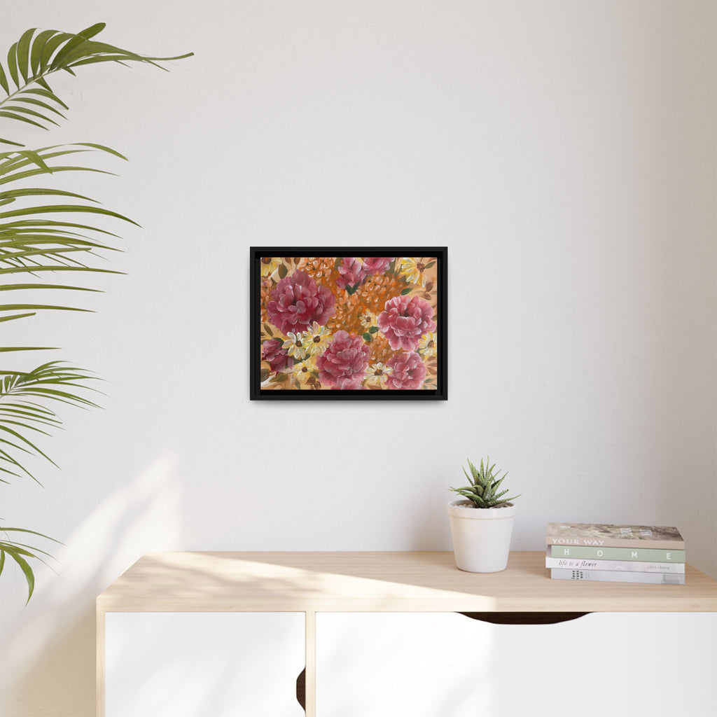 Warm Floral Framed Floral Canvas Print — Pink Peony & Daisies Wall Art