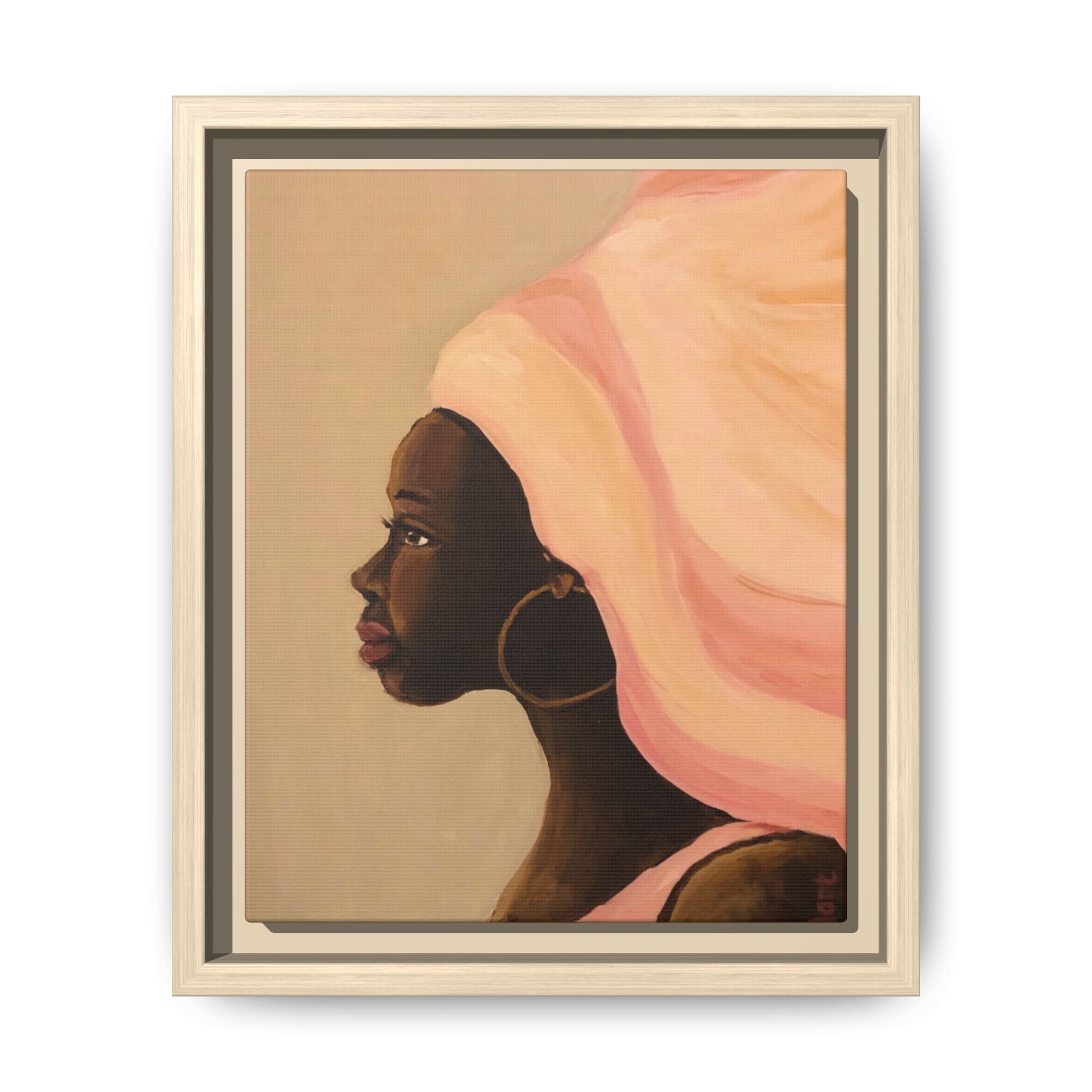 Framed Matte Canvas Art – Elegant African Woman Portrait (Pink Headwrap)