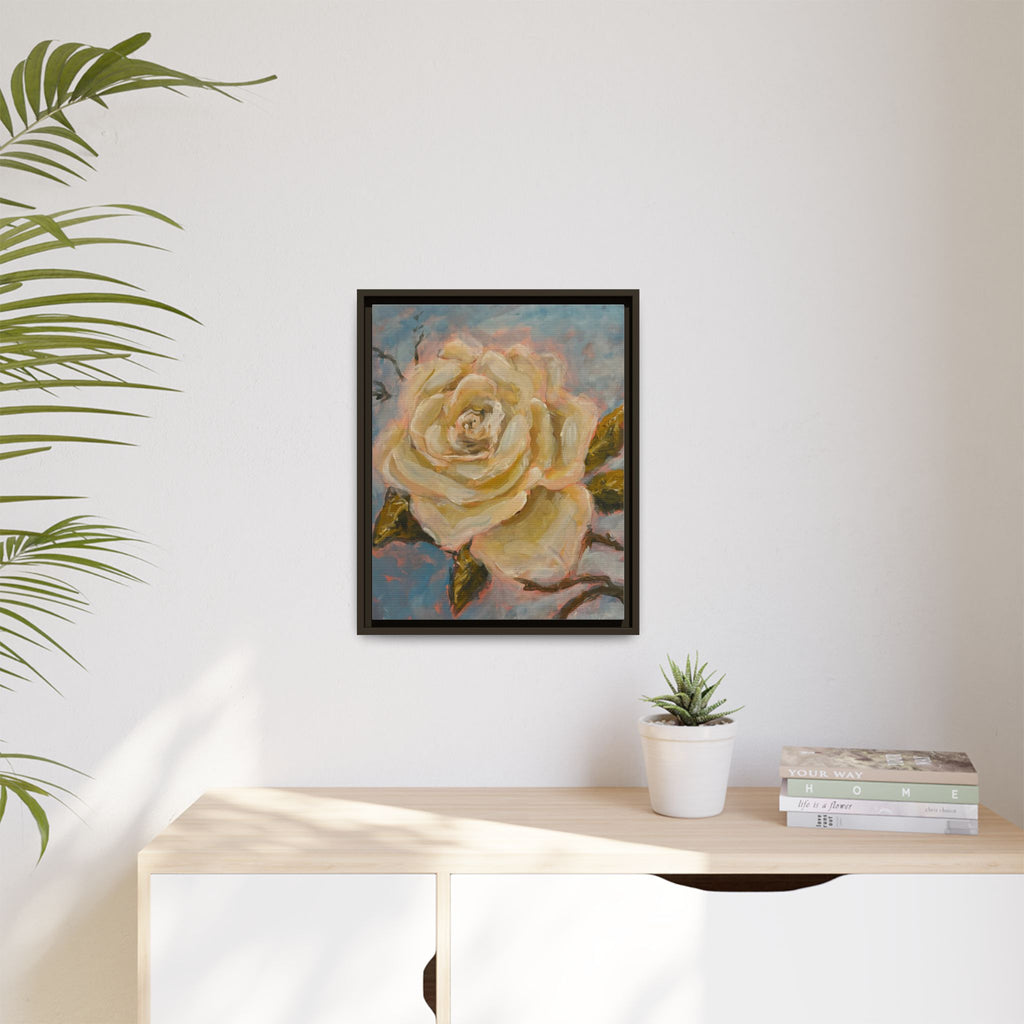 Warm White Rose Framed Matte Canvas - Vintage Rose Floral Wall Art