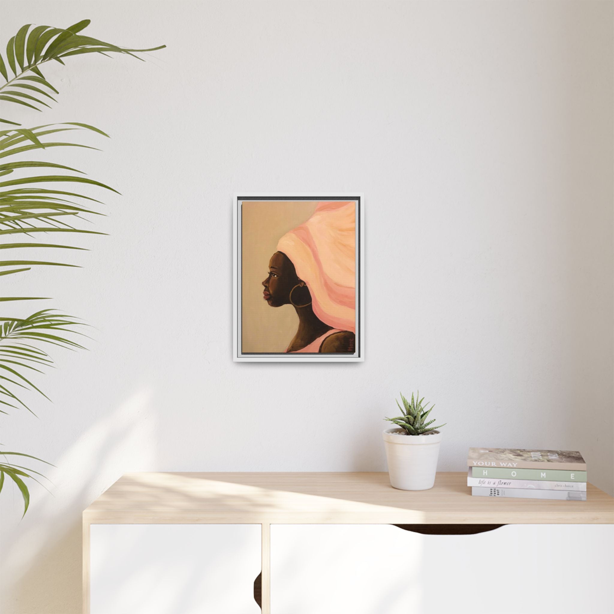 Framed Matte Canvas Art – Elegant African Woman Portrait (Pink Headwrap)