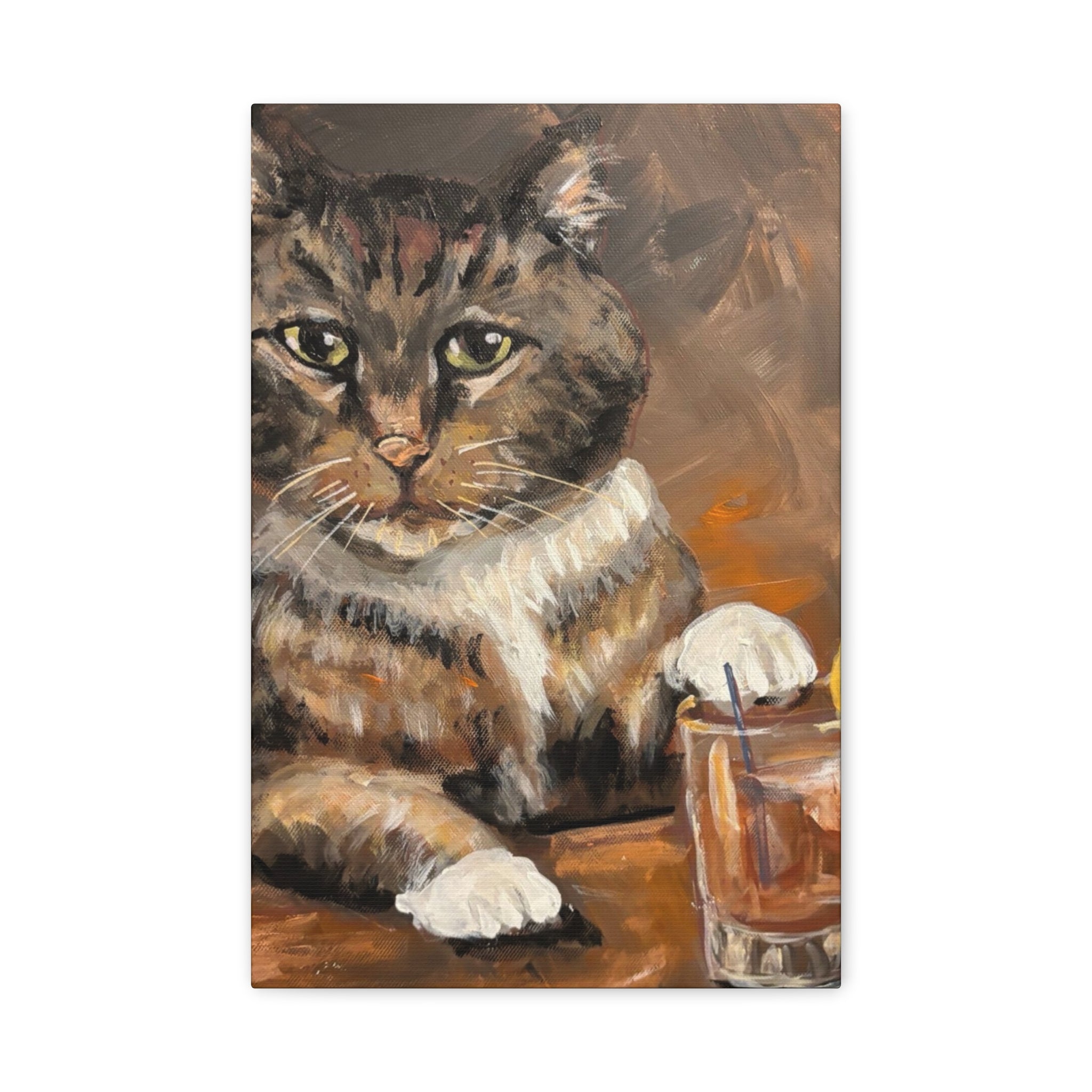 Whiskey Cat Canvas Print — Vintage Tabby Painting on Stretched Matte Canvas