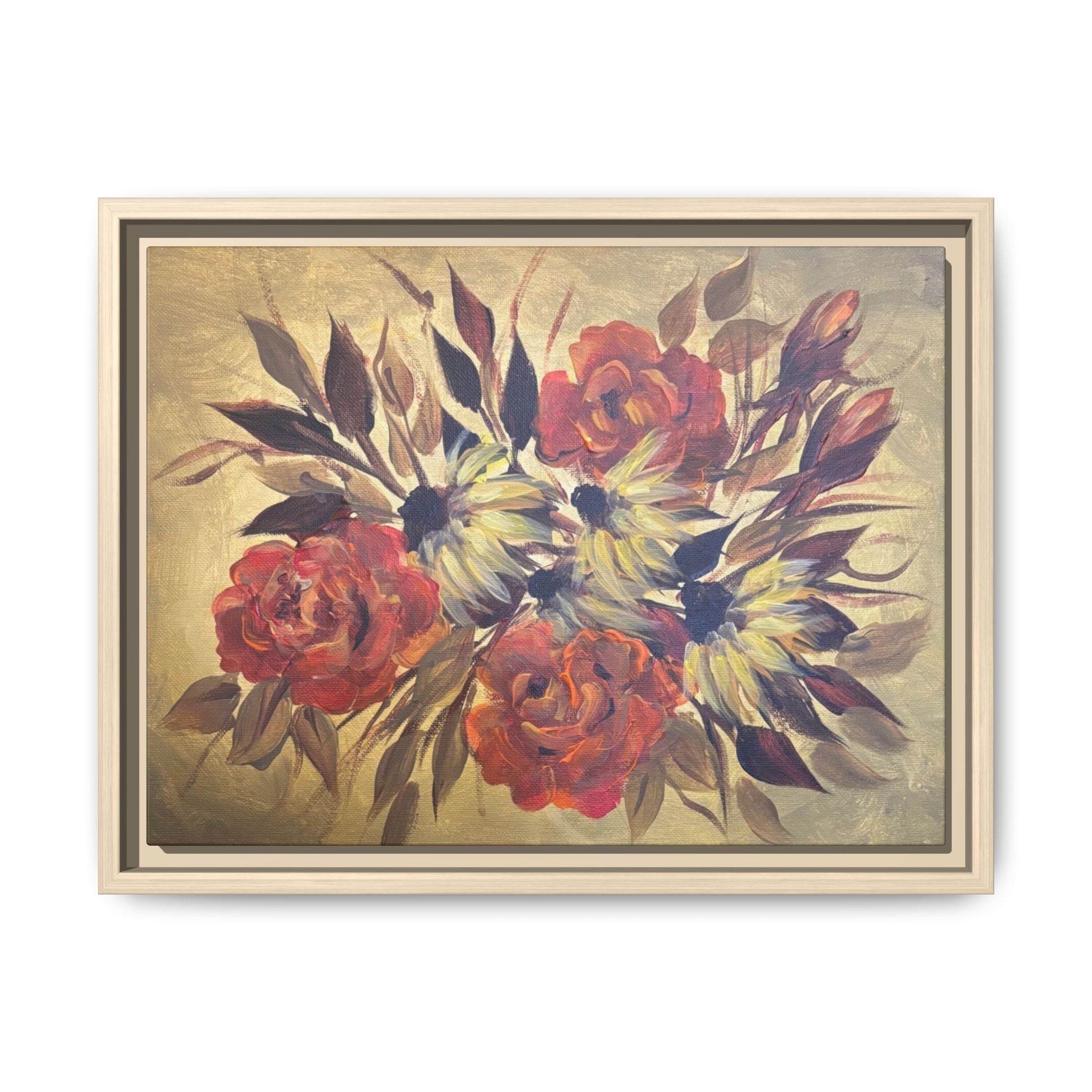 Framed Floral Canvas Wall Art — Vintage Rose Bouquet Matte Print