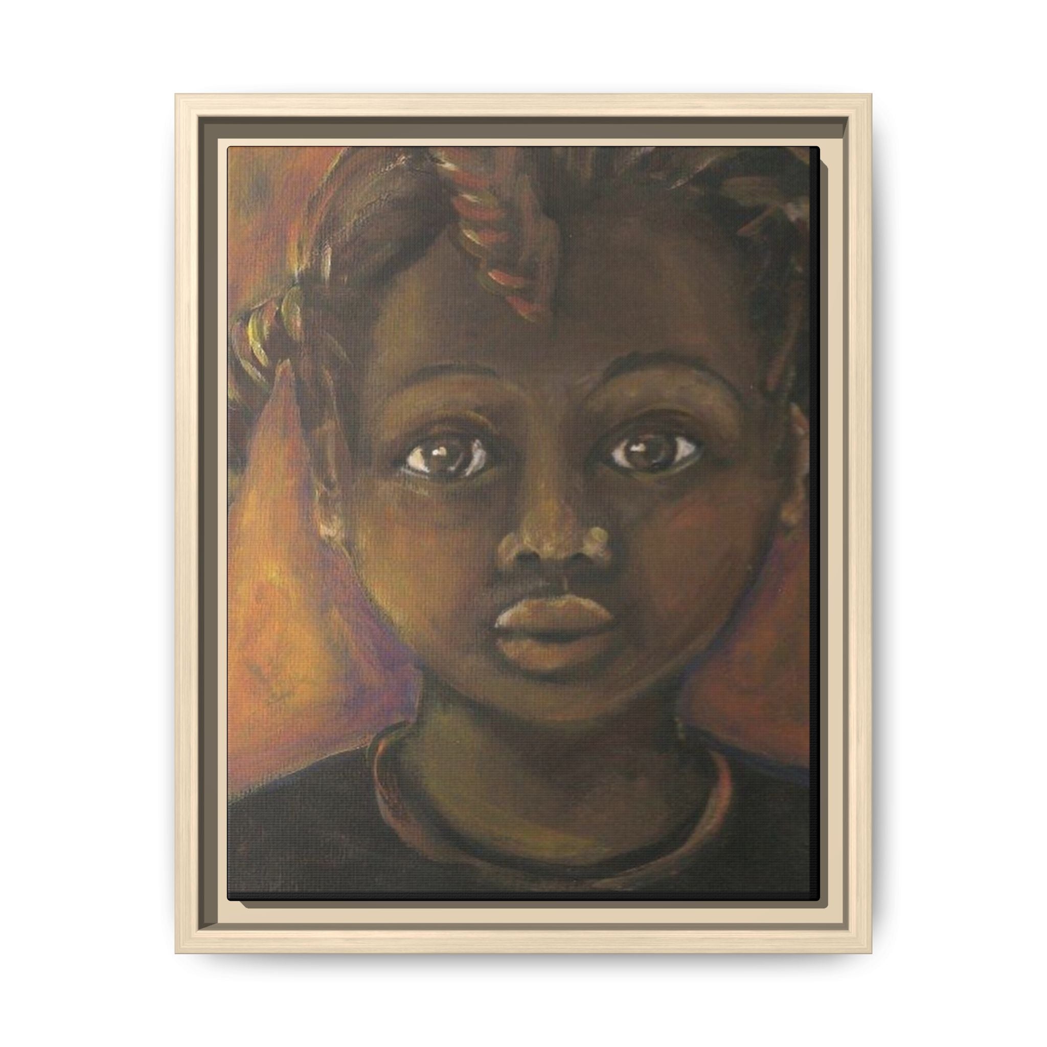 Framed Matte Canvas Portrait – African American Child Wall Art, Warm Earthtone Nursery Décor