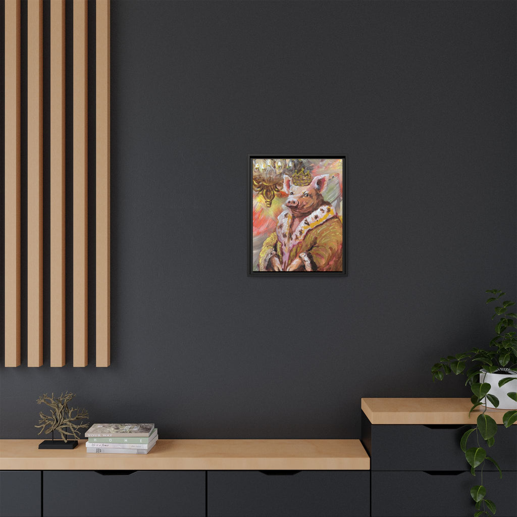 Regal Pig King Framed Canvas Art — Whimsical Farmhouse Wall Decor