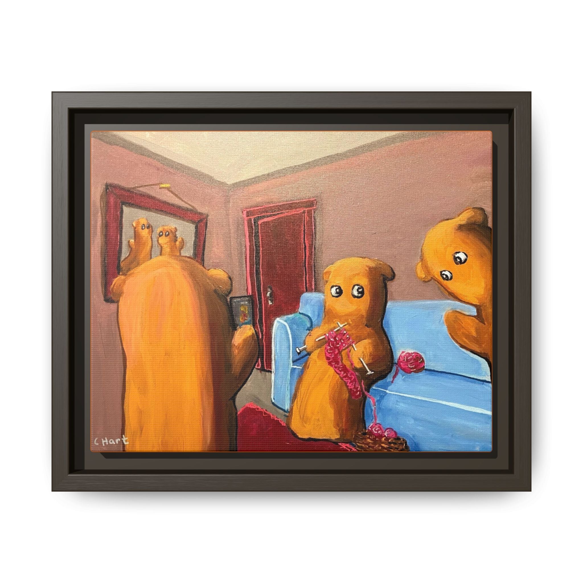 Whimsical Bear Family Framed Canvas Art — Matte Multi-Color Wall Decor