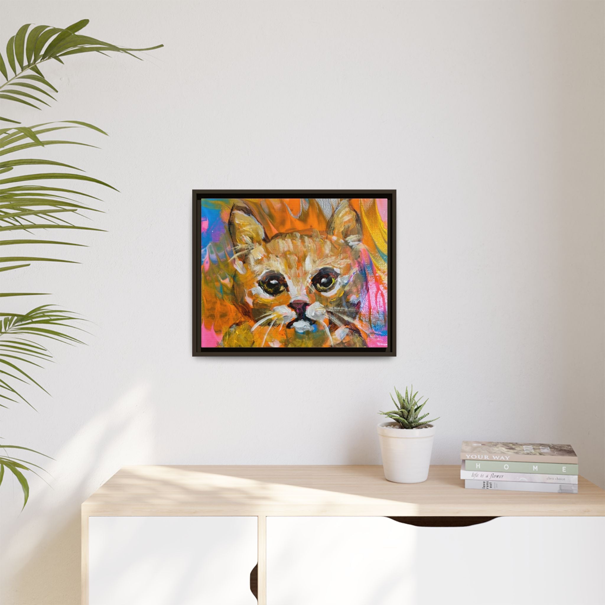 Framed Matte Canvas: Colorful Abstract Ginger Cat Wall Art