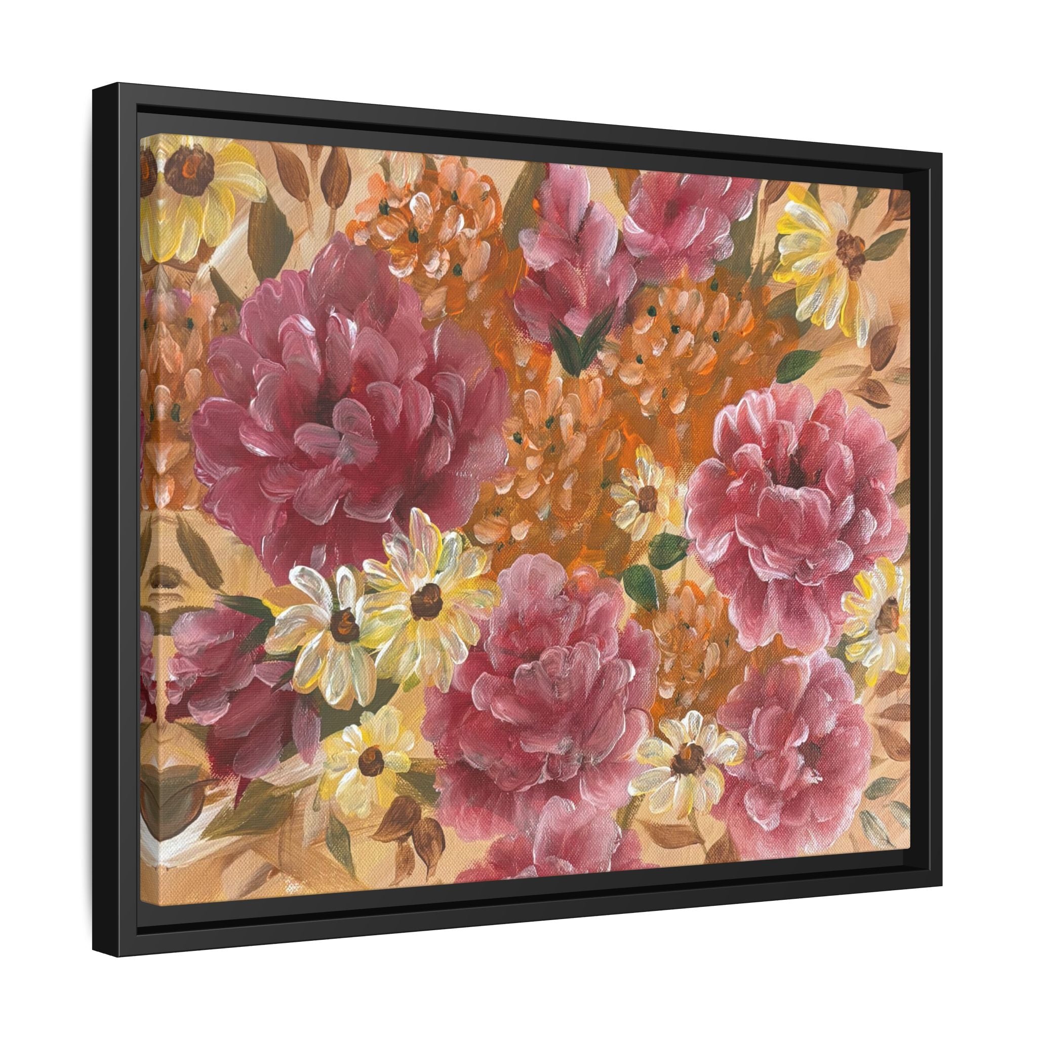 Warm Floral Framed Floral Canvas Print — Pink Peony & Daisies Wall Art