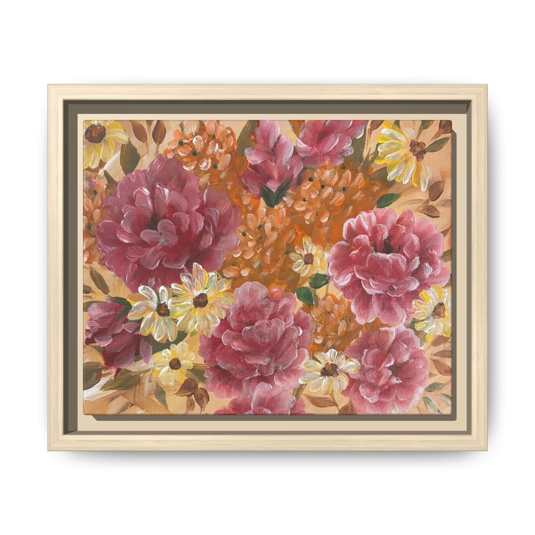 Warm Framed Floral Canvas Print — Vintage Pink Peonies Wall Art