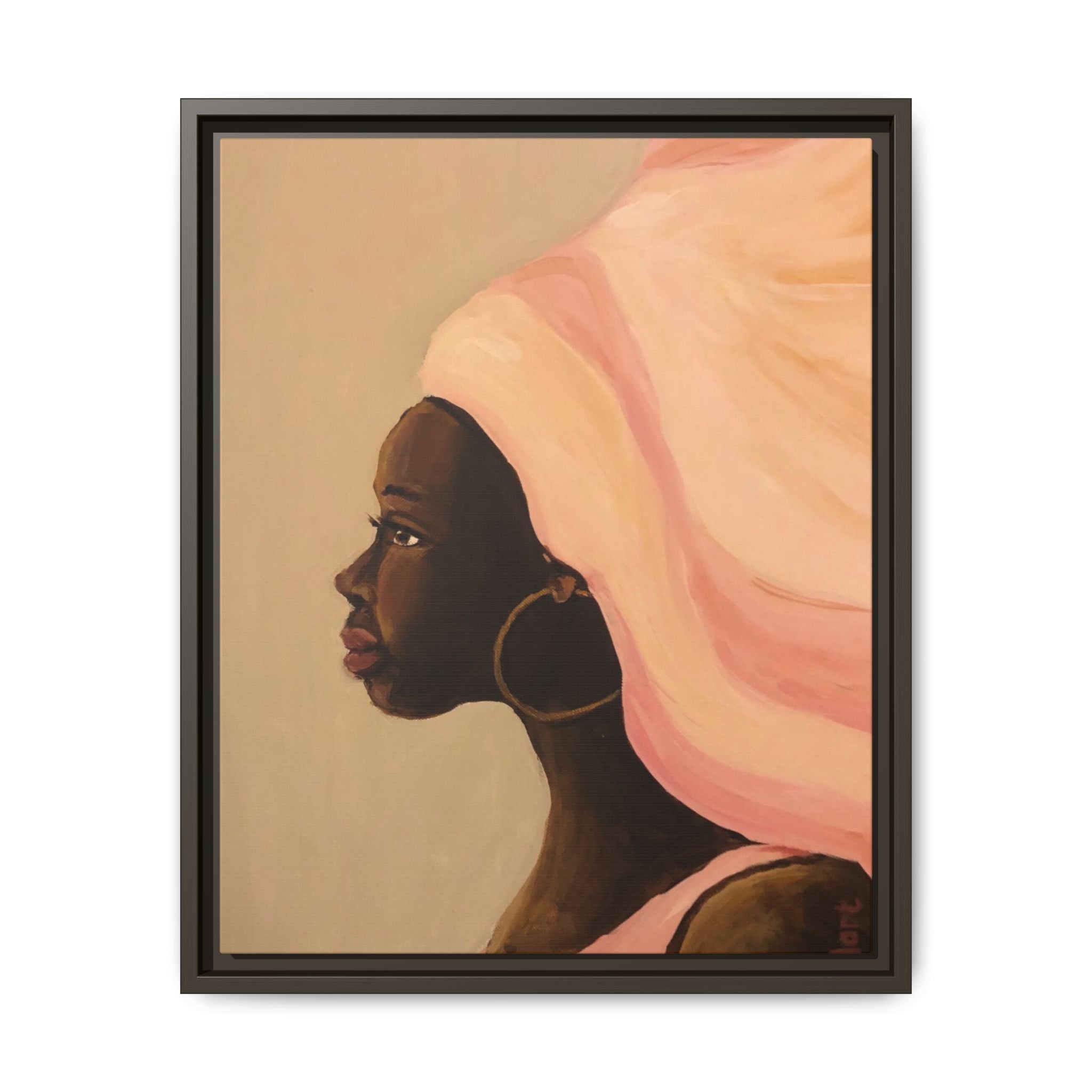 Framed Matte Canvas Art – Elegant African Woman Portrait (Pink Headwrap)