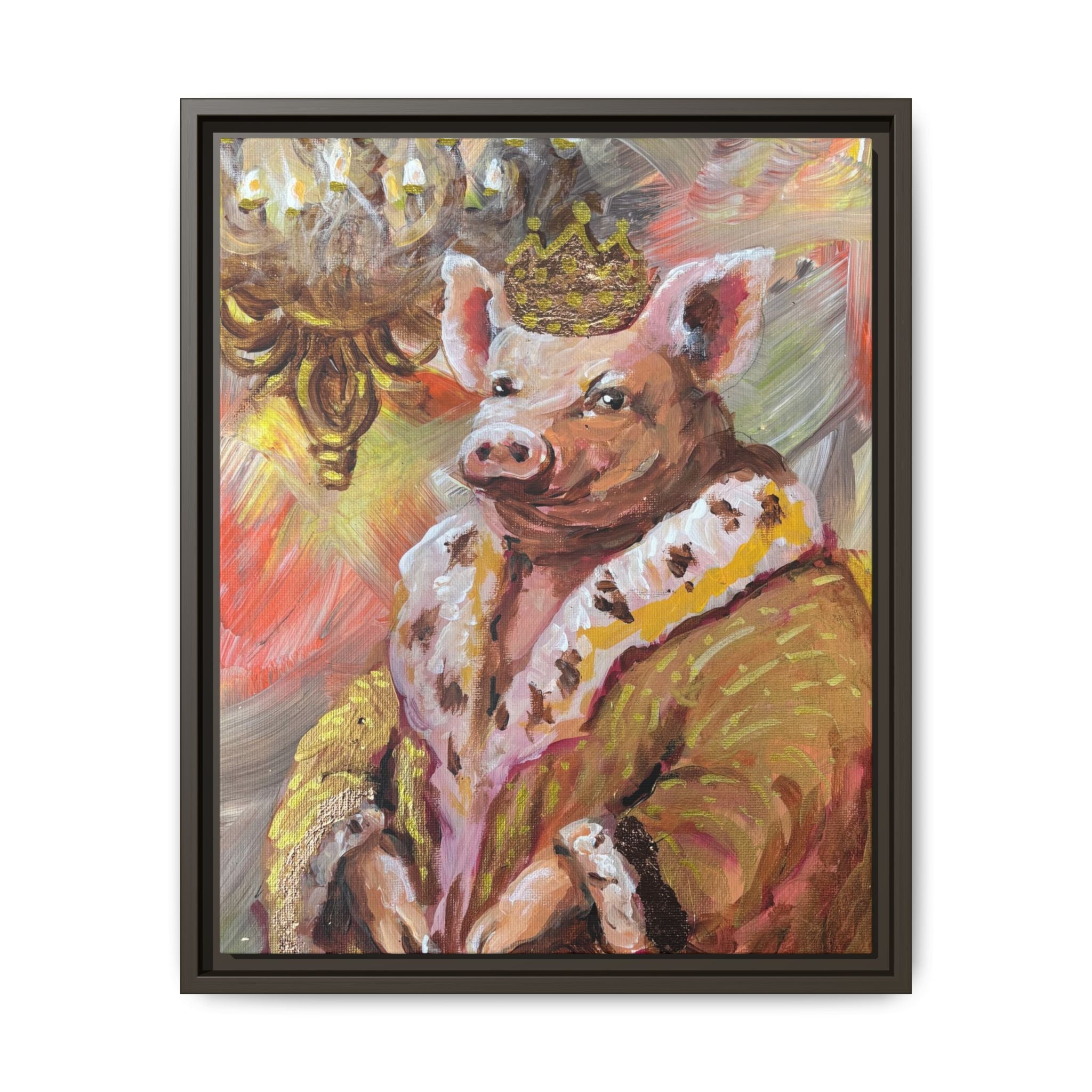 Regal Pig King Framed Canvas Art — Whimsical Farmhouse Wall Decor