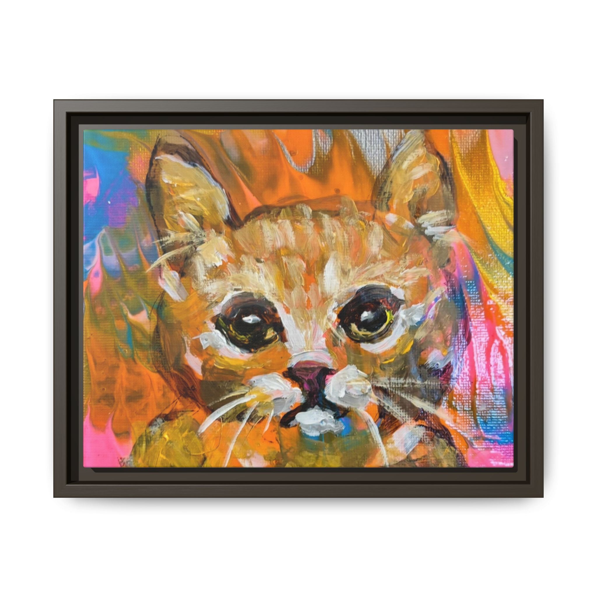 Framed Matte Canvas: Colorful Abstract Ginger Cat Wall Art