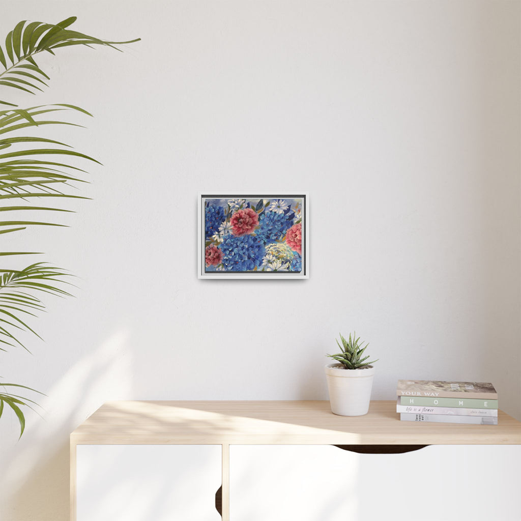 Cool Blue Framed Floral Canvas Print — Blue Hydrangea & Pink Peony Wall Art