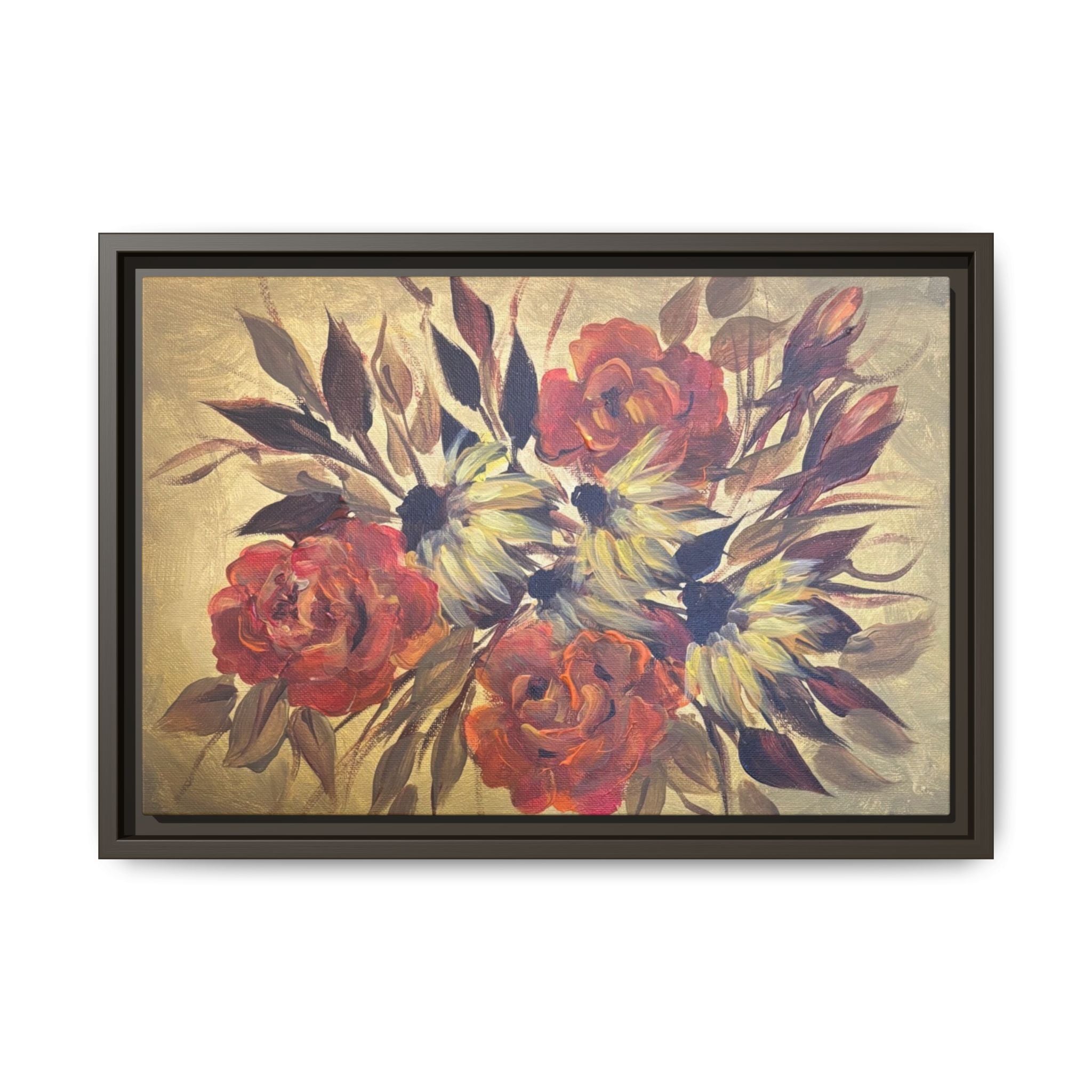 Framed Floral Canvas Wall Art — Vintage Rose Bouquet Matte Print