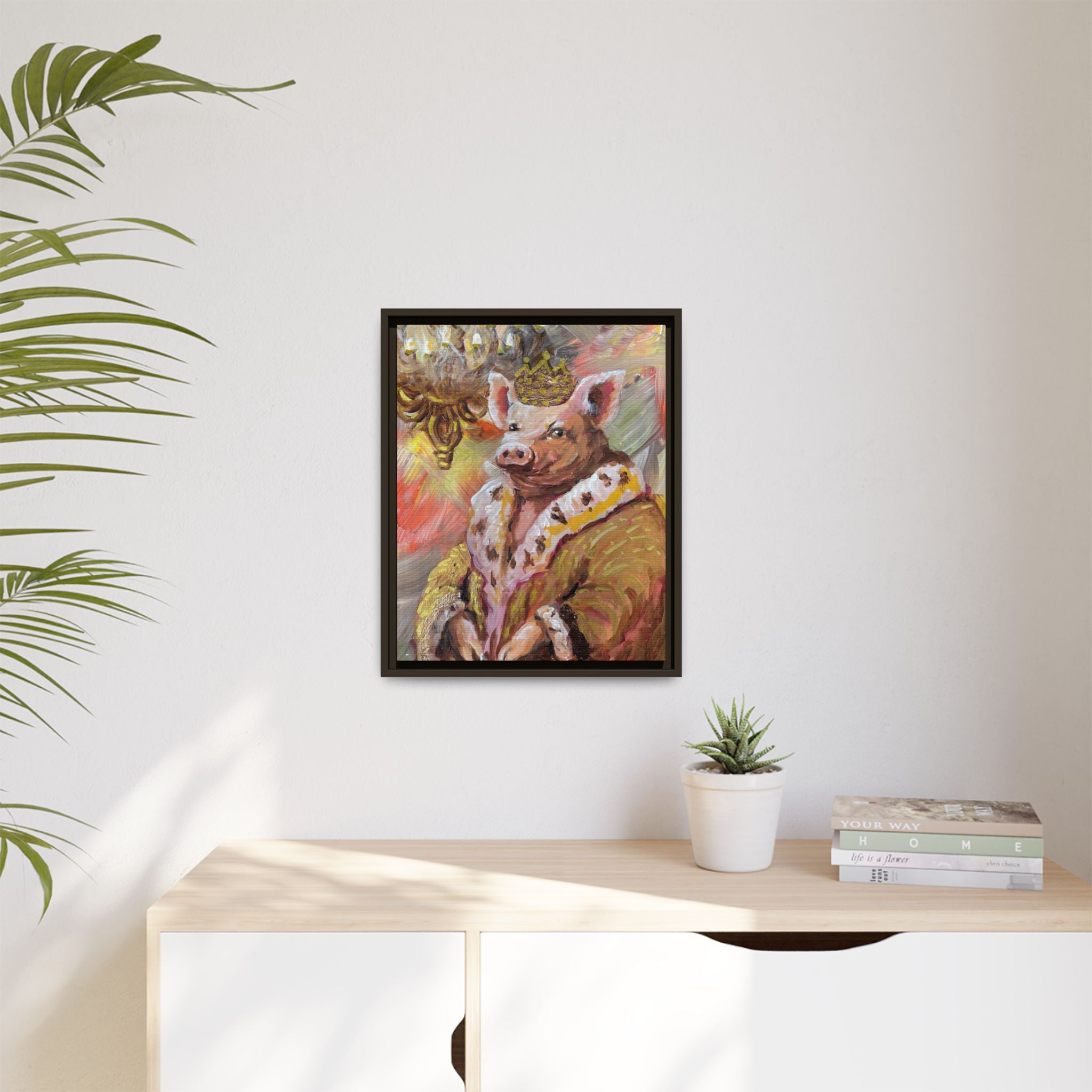 Regal Pig King Framed Canvas Art — Whimsical Farmhouse Wall Decor